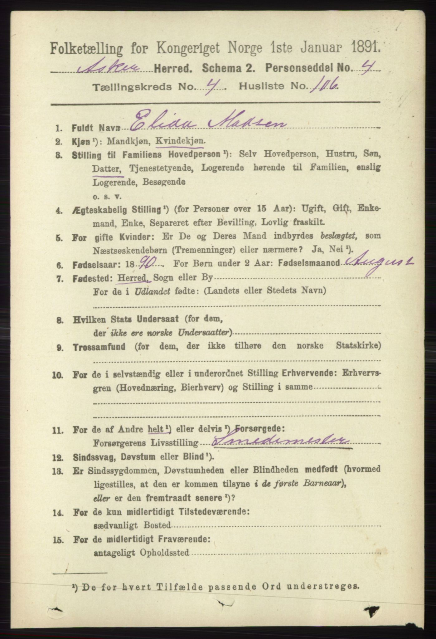 RA, 1891 census for 0220 Asker, 1891, p. 3628