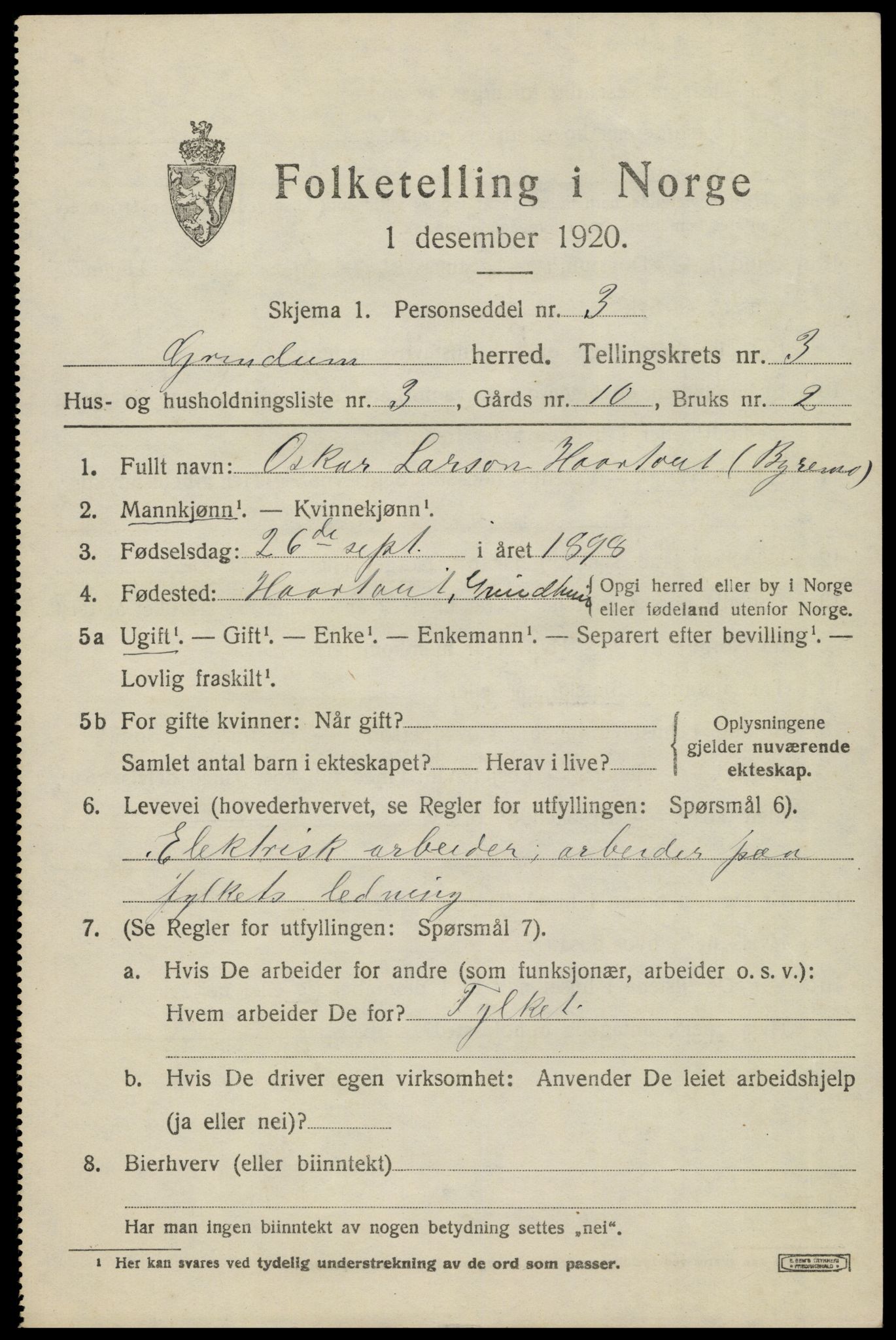 SAK, 1920 census for Grindheim, 1920, p. 915
