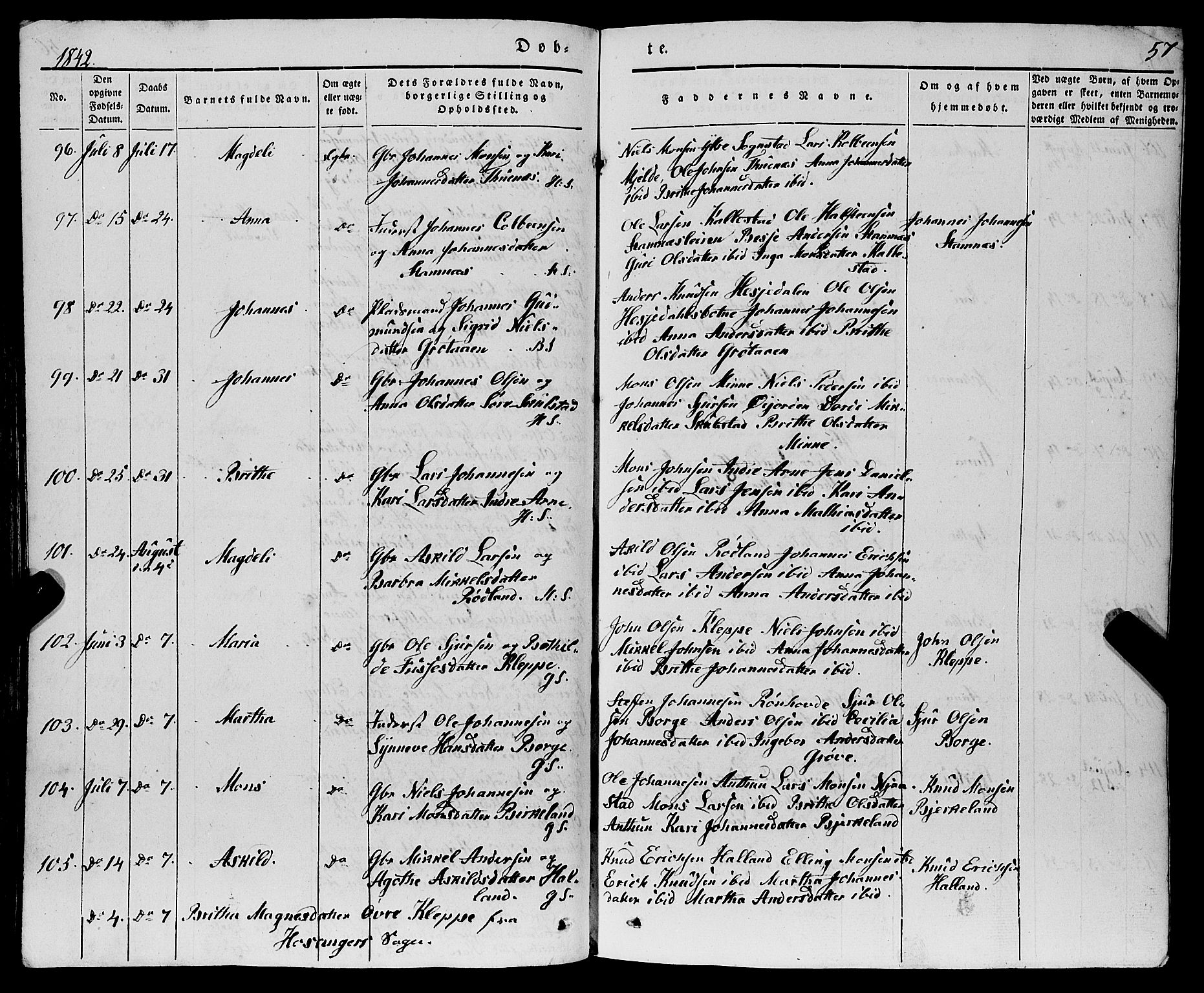 Haus sokneprestembete, AV/SAB-A-75601/H/Haa: Parish register (official) no. A 15, 1838-1847, p. 57