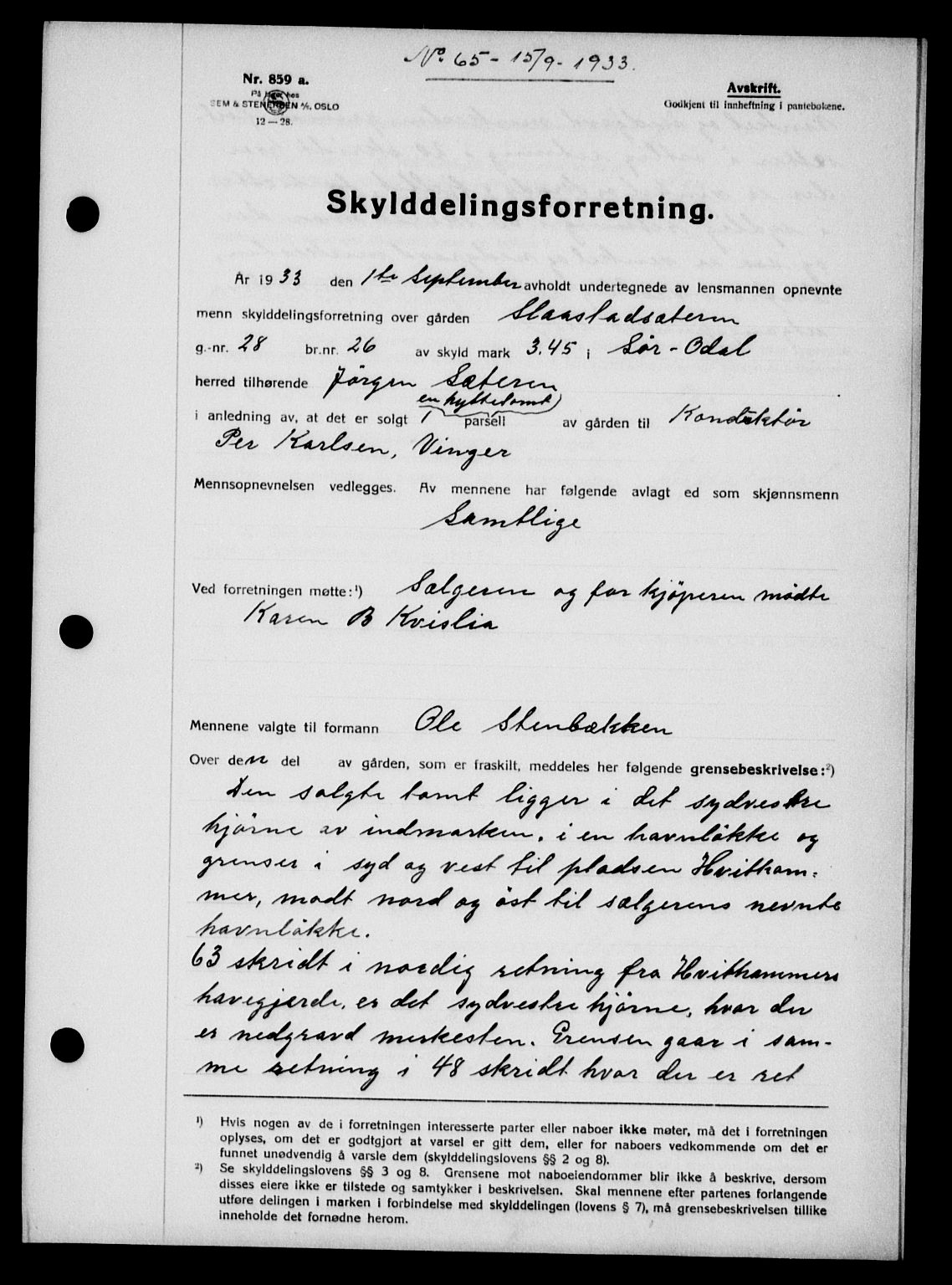 Vinger og Odal sorenskriveri, AV/SAH-TING-022/H/Hb/Hbb/L0028: Mortgage book no. VII, 1933-1934, Deed date: 15.09.1933