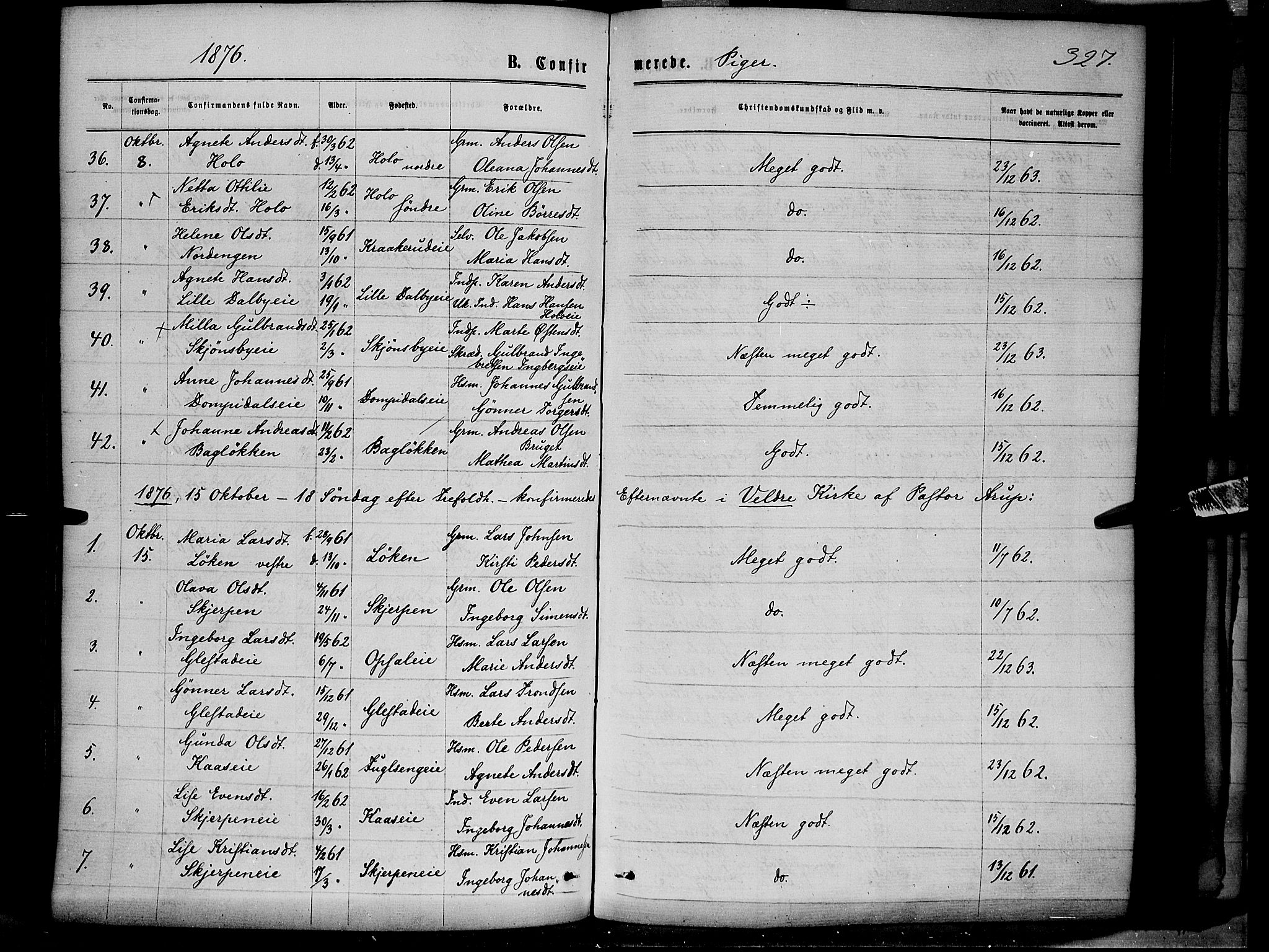 Ringsaker prestekontor, AV/SAH-PREST-014/K/Ka/L0011: Parish register (official) no. 11, 1870-1878, p. 327