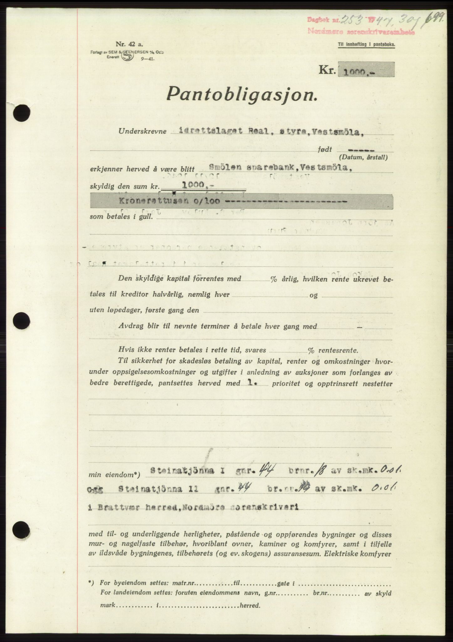 Nordmøre sorenskriveri, AV/SAT-A-4132/1/2/2Ca: Mortgage book no. B95, 1946-1947, Diary no: : 253/1947