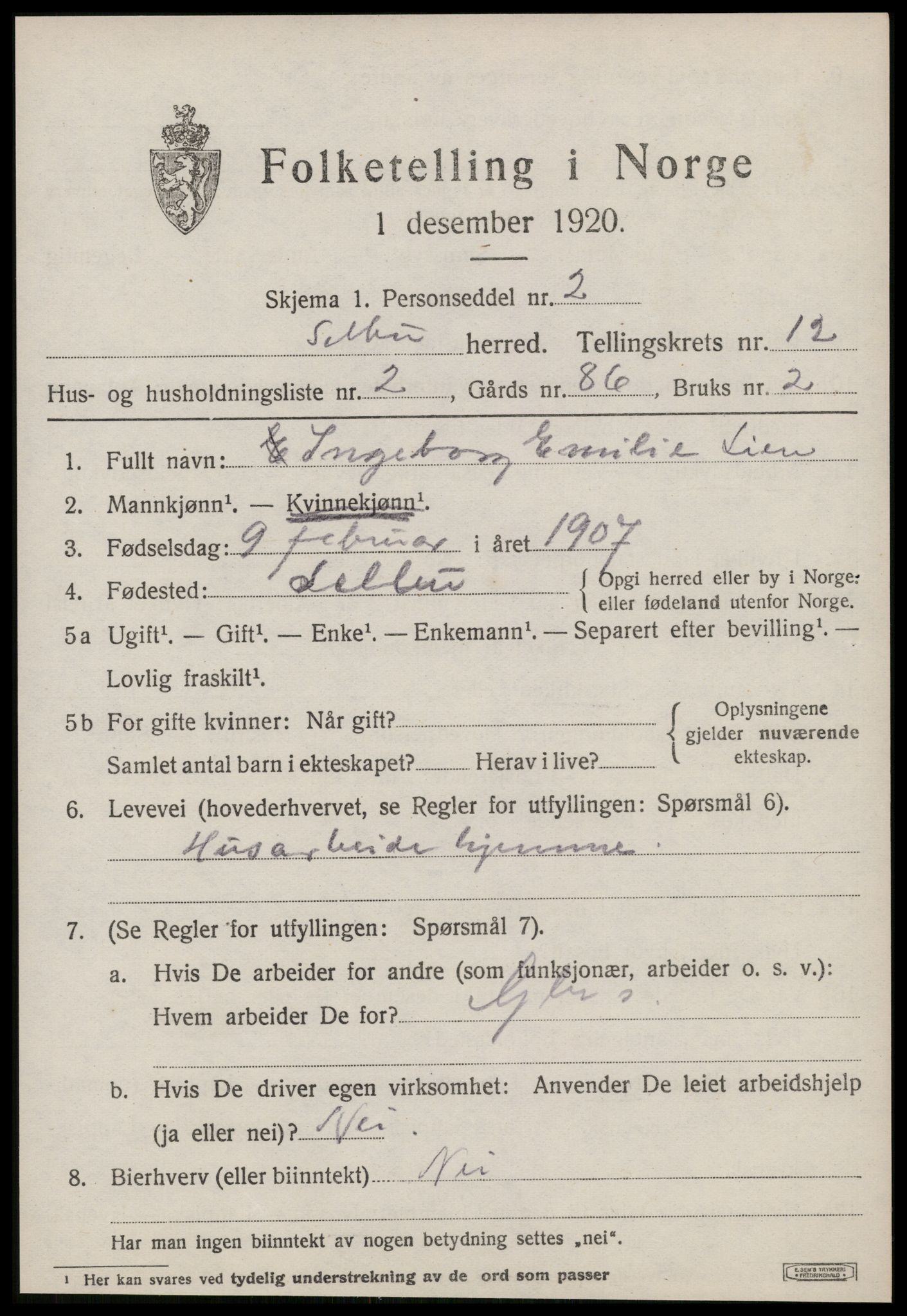 SAT, 1920 census for Selbu, 1920, p. 6510