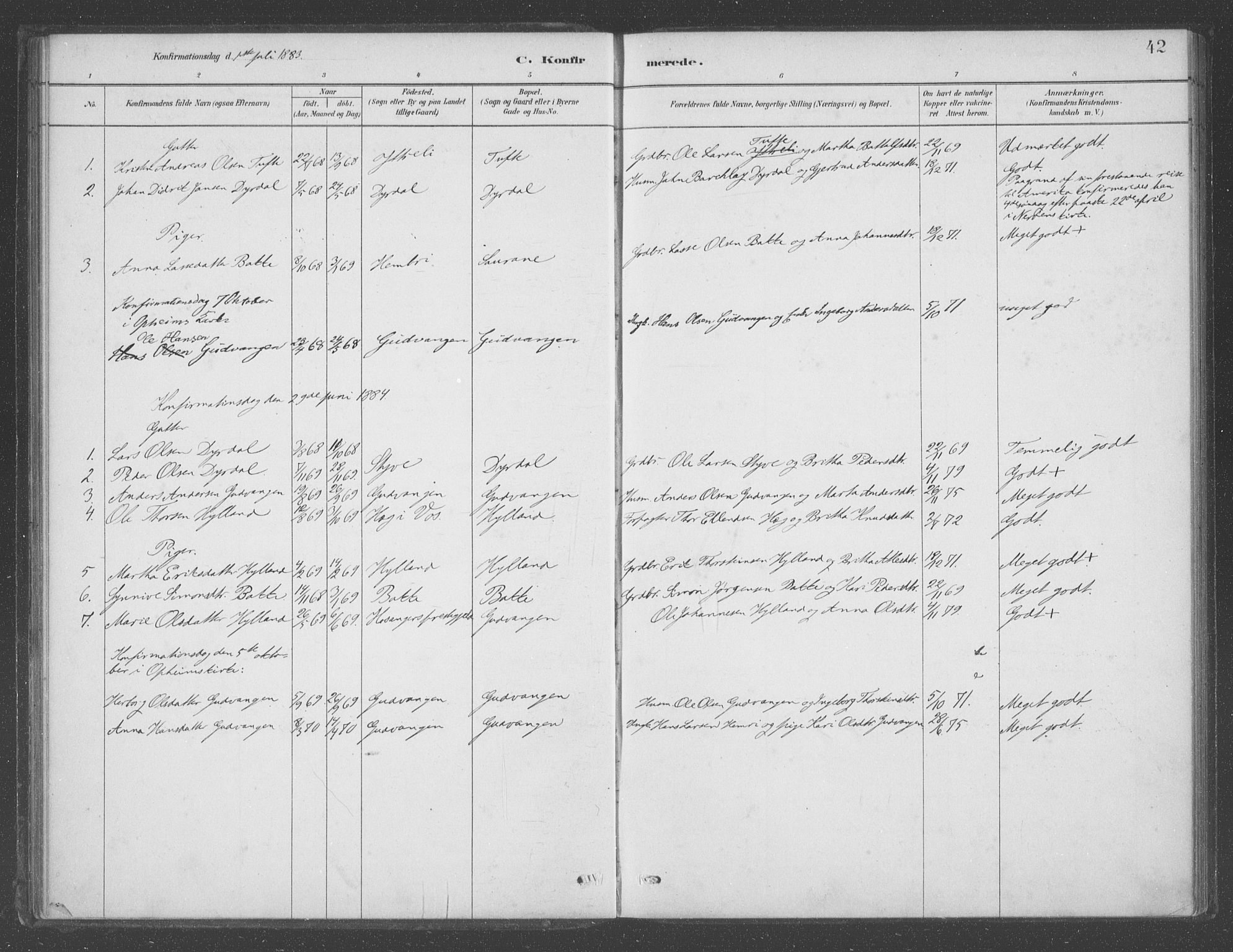 Aurland sokneprestembete, SAB/A-99937/H/Ha/Had/L0001: Parish register (official) no. D  1, 1880-1903, p. 42