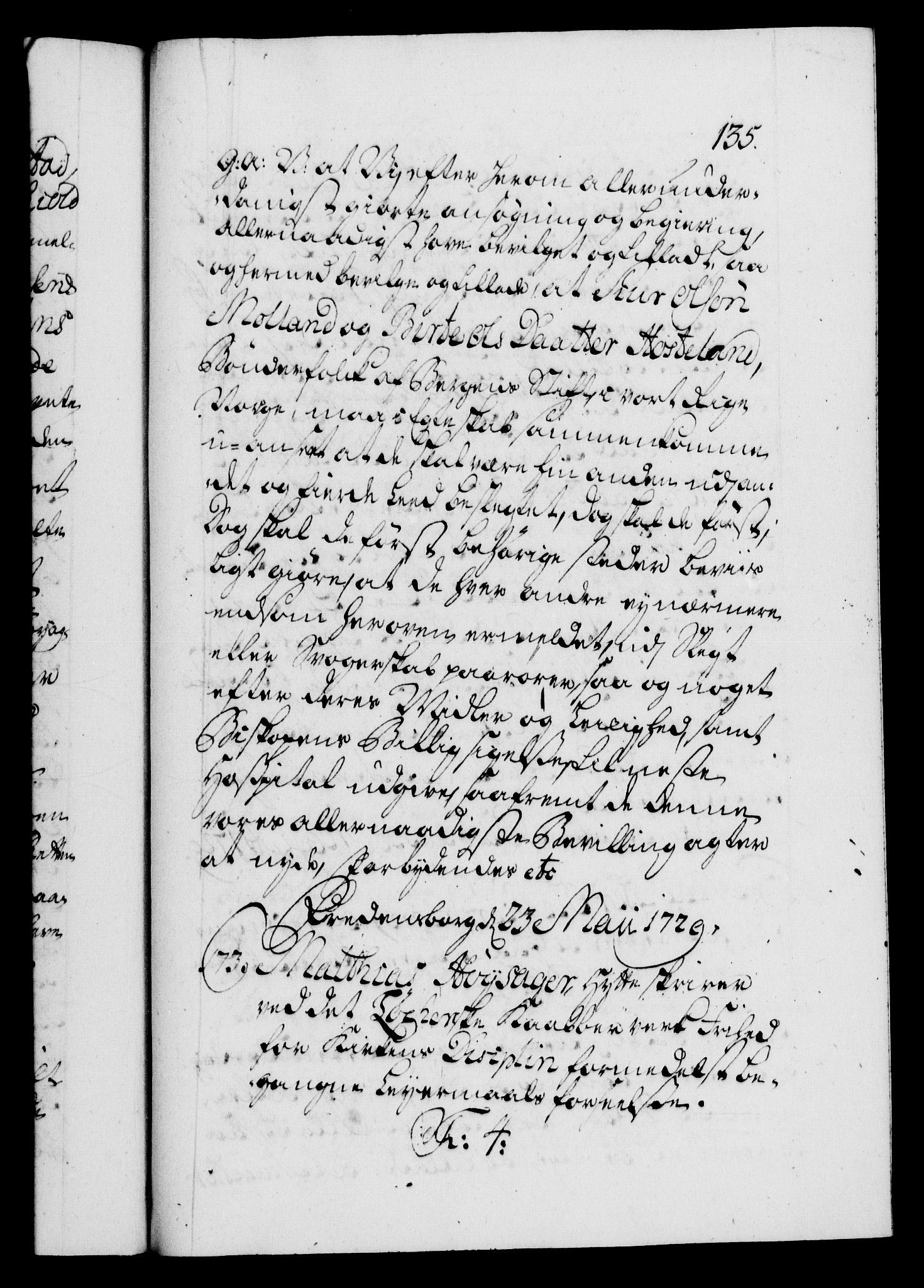 Danske Kanselli 1572-1799, AV/RA-EA-3023/F/Fc/Fca/Fcaa/L0026: Norske registre, 1729-1730, p. 135a