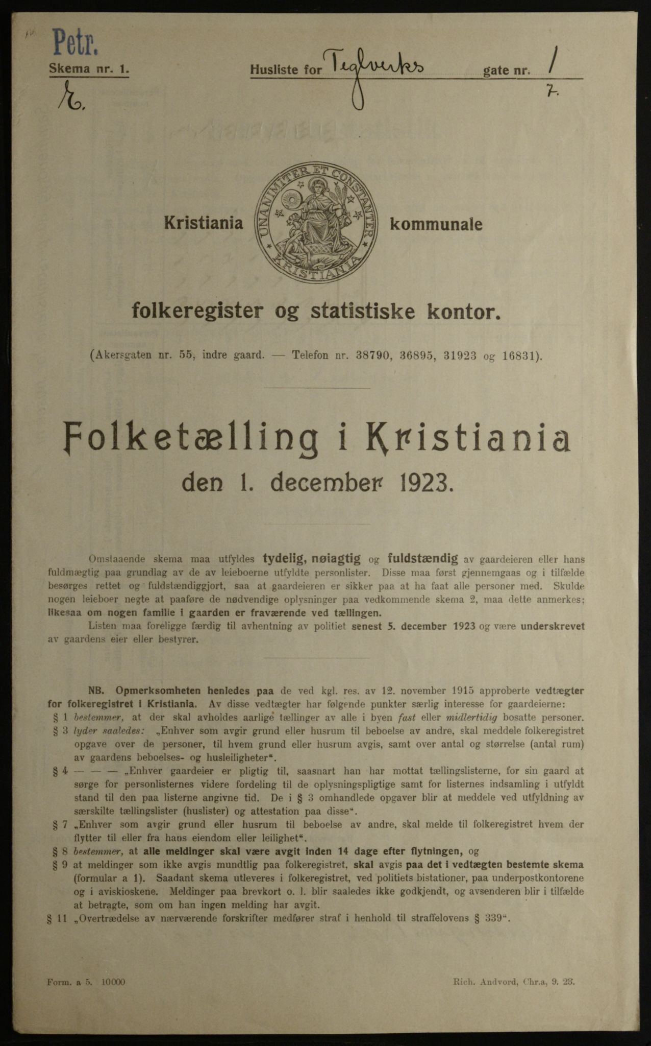 OBA, Municipal Census 1923 for Kristiania, 1923, p. 118703