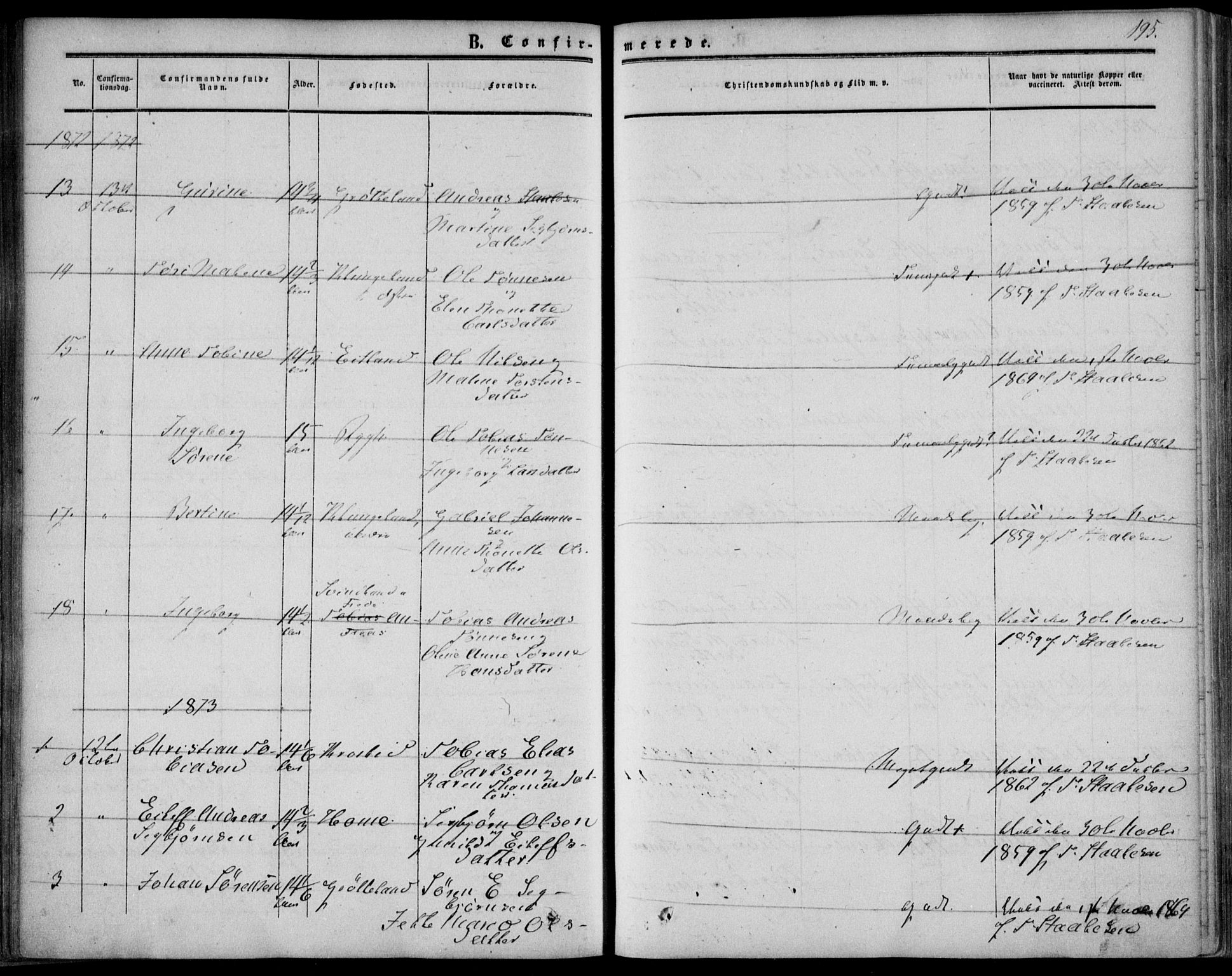 Bakke sokneprestkontor, SAK/1111-0002/F/Fa/Fab/L0002: Parish register (official) no. A 2, 1855-1884, p. 195