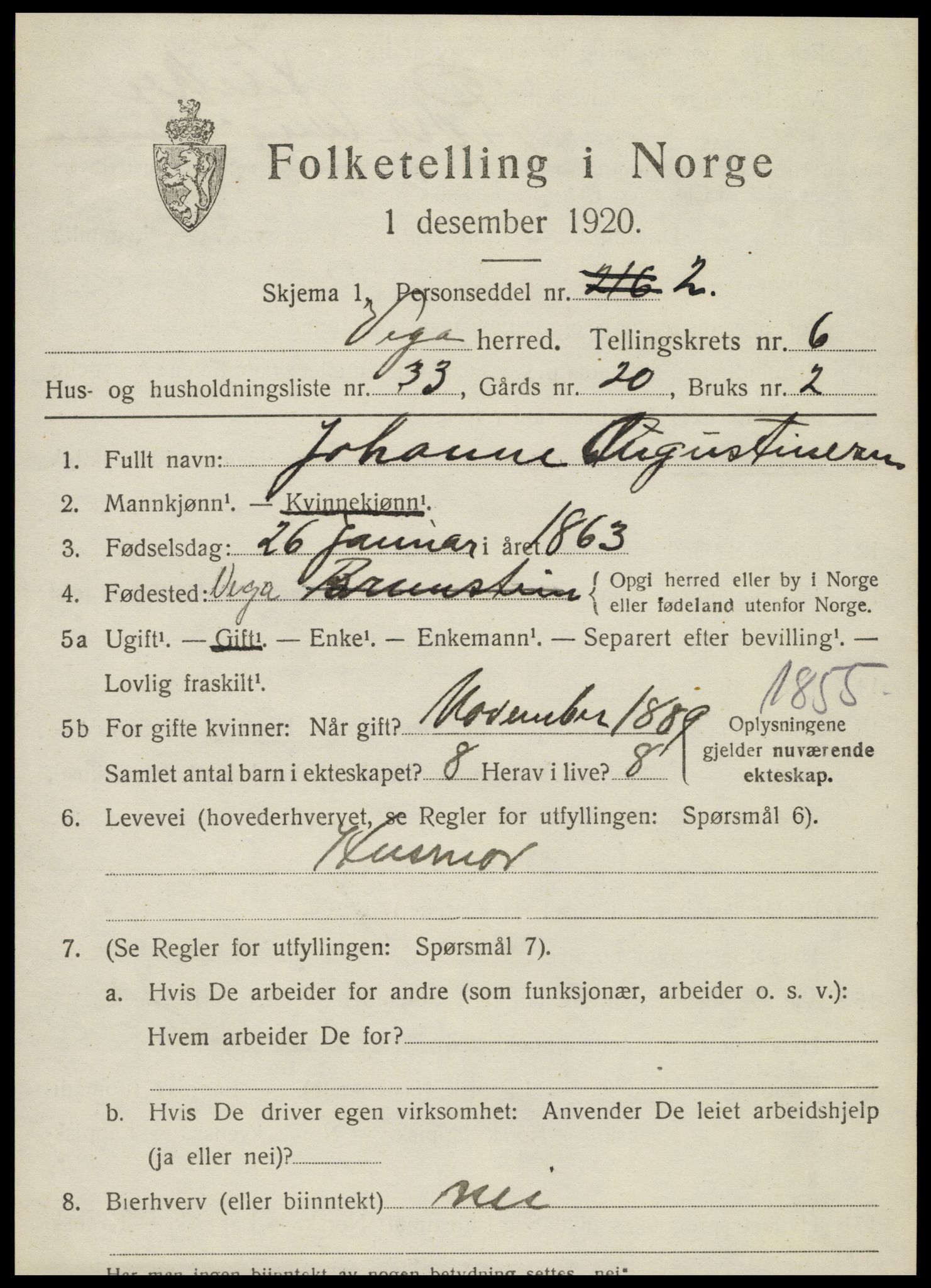 SAT, 1920 census for Vega, 1920, p. 3389