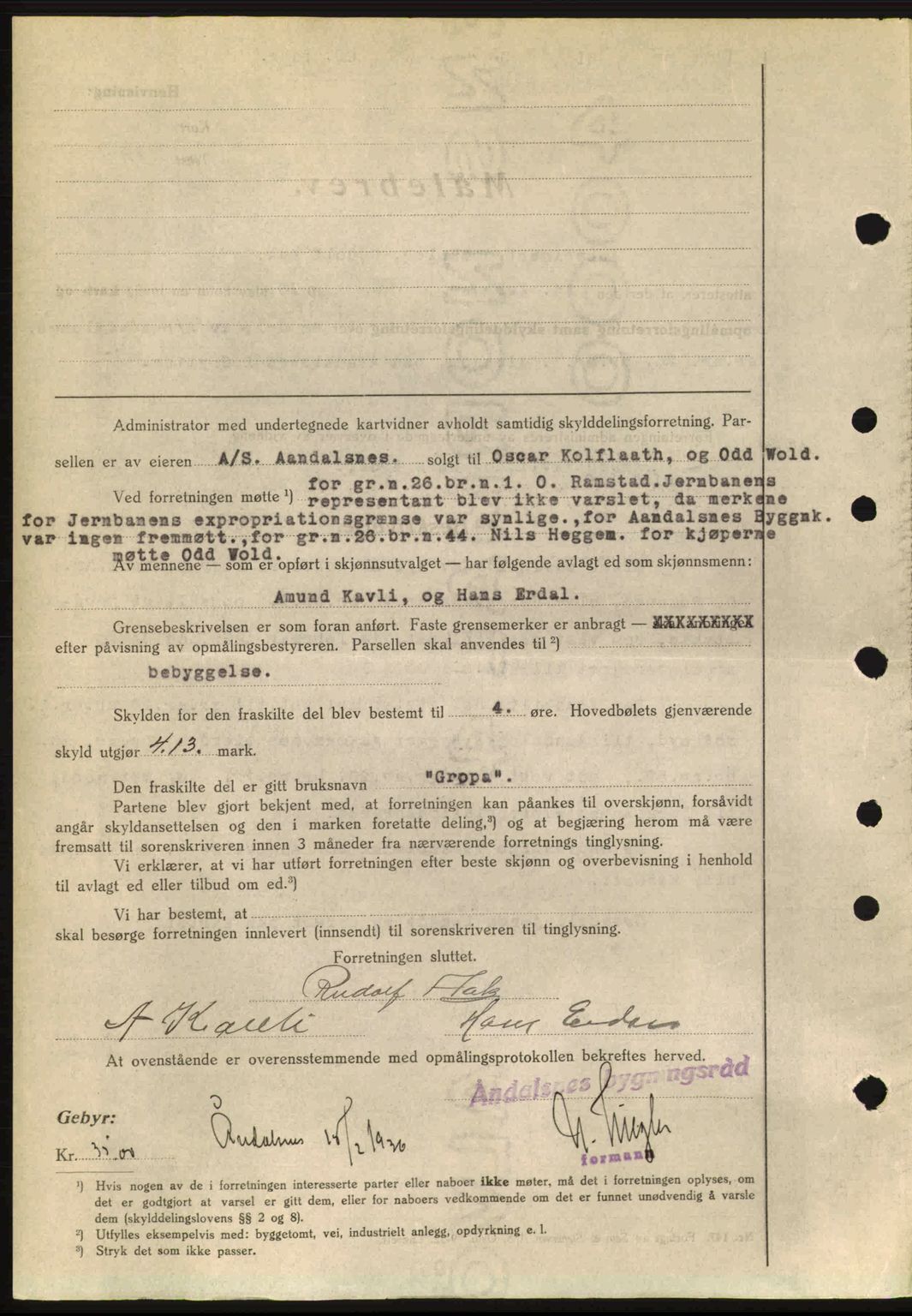 Romsdal sorenskriveri, AV/SAT-A-4149/1/2/2C: Mortgage book no. A1, 1936-1936, Diary no: : 461/1936