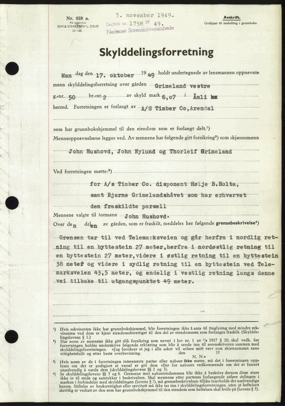 Nedenes sorenskriveri, SAK/1221-0006/G/Gb/Gba/L0061: Mortgage book no. A13, 1949-1949, Diary no: : 1758/1949