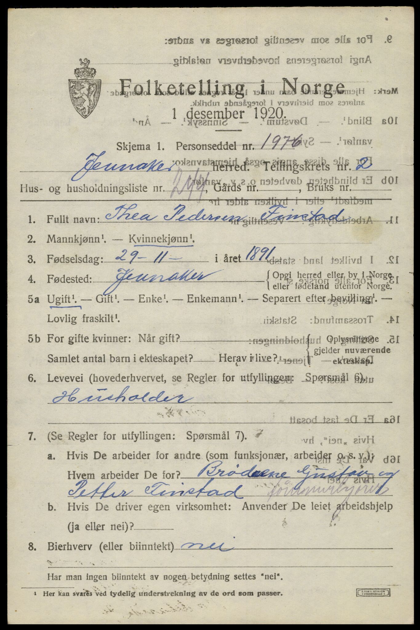 SAH, 1920 census for Jevnaker, 1920, p. 5365