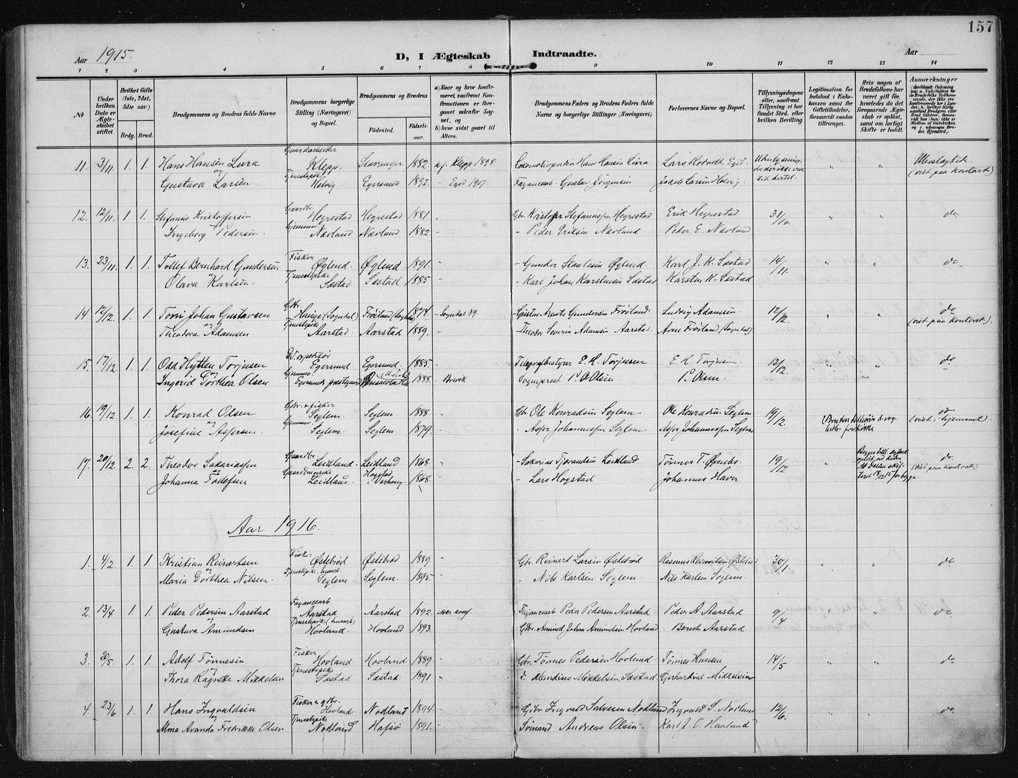 Eigersund sokneprestkontor, SAST/A-101807/S08/L0021: Parish register (official) no. A 20, 1906-1928, p. 157