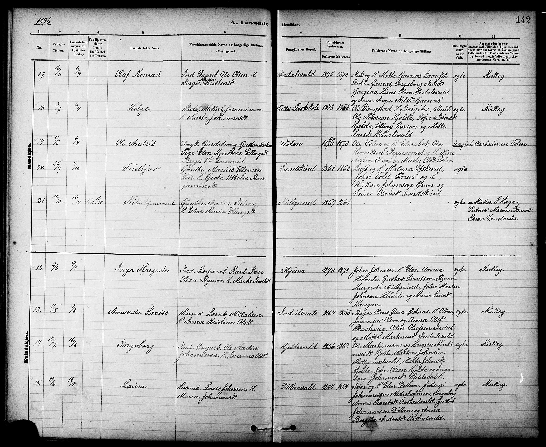 Ministerialprotokoller, klokkerbøker og fødselsregistre - Nord-Trøndelag, AV/SAT-A-1458/724/L0267: Parish register (copy) no. 724C03, 1879-1898, p. 142