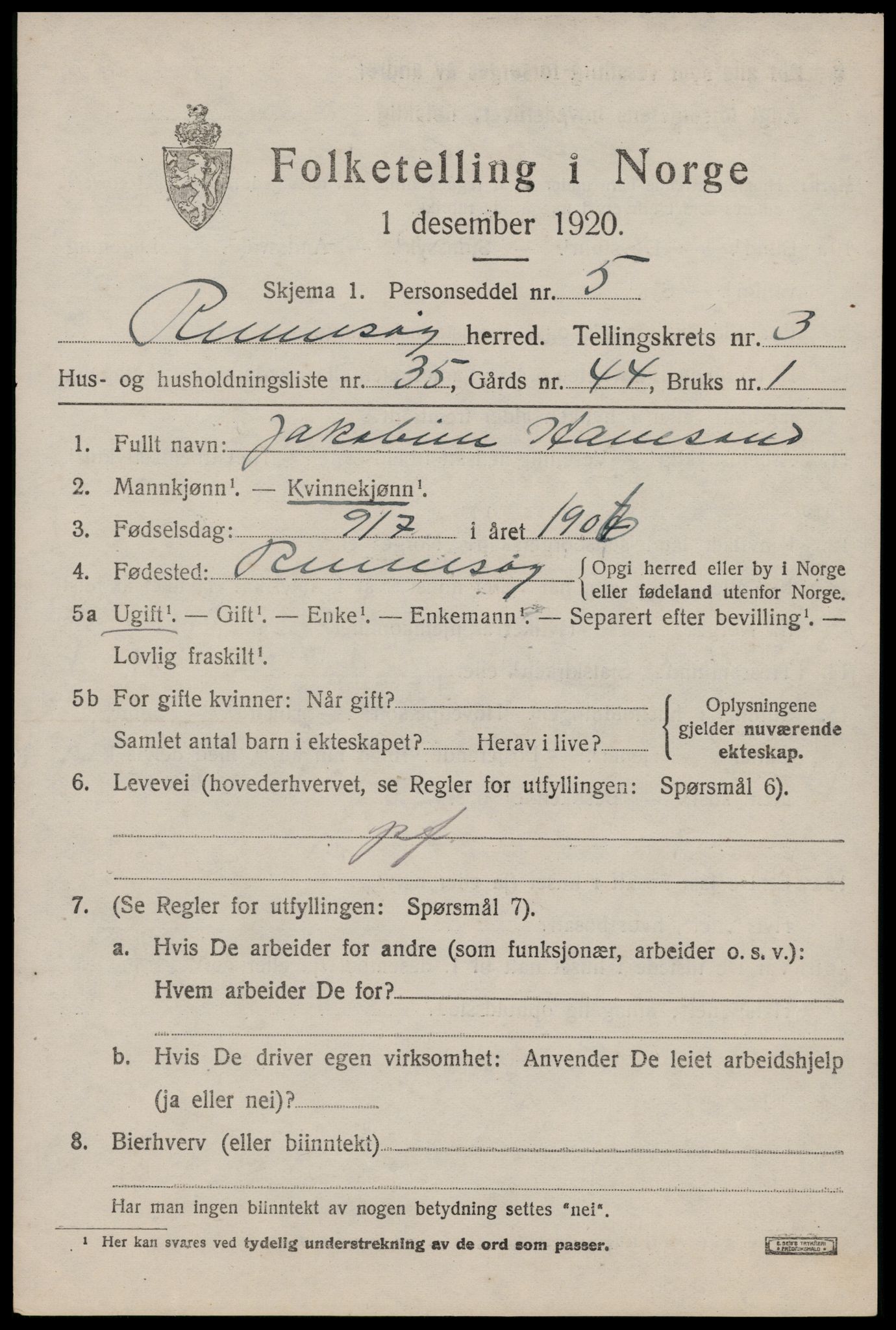 SAST, 1920 census for Rennesøy, 1920, p. 2364