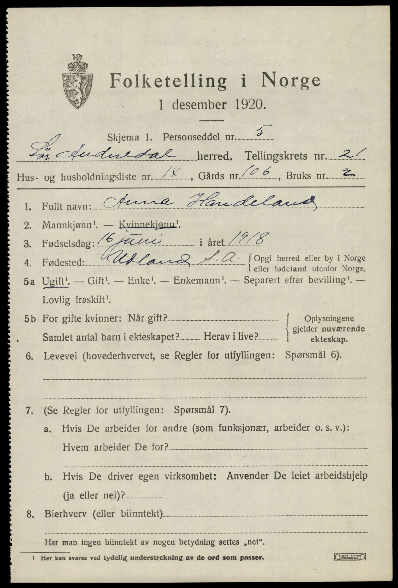 SAK, 1920 census for Sør-Audnedal, 1920, p. 7019