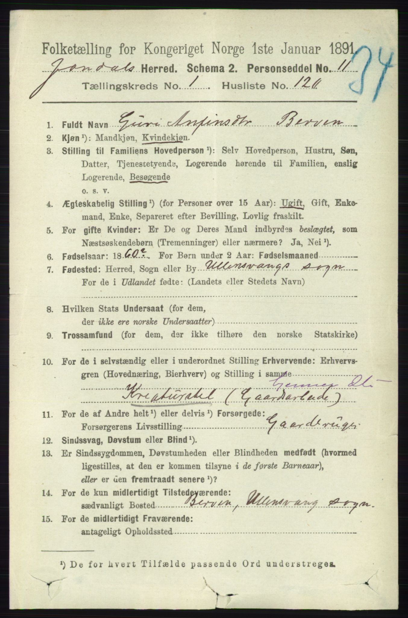 RA, 1891 census for 1227 Jondal, 1891, p. 775