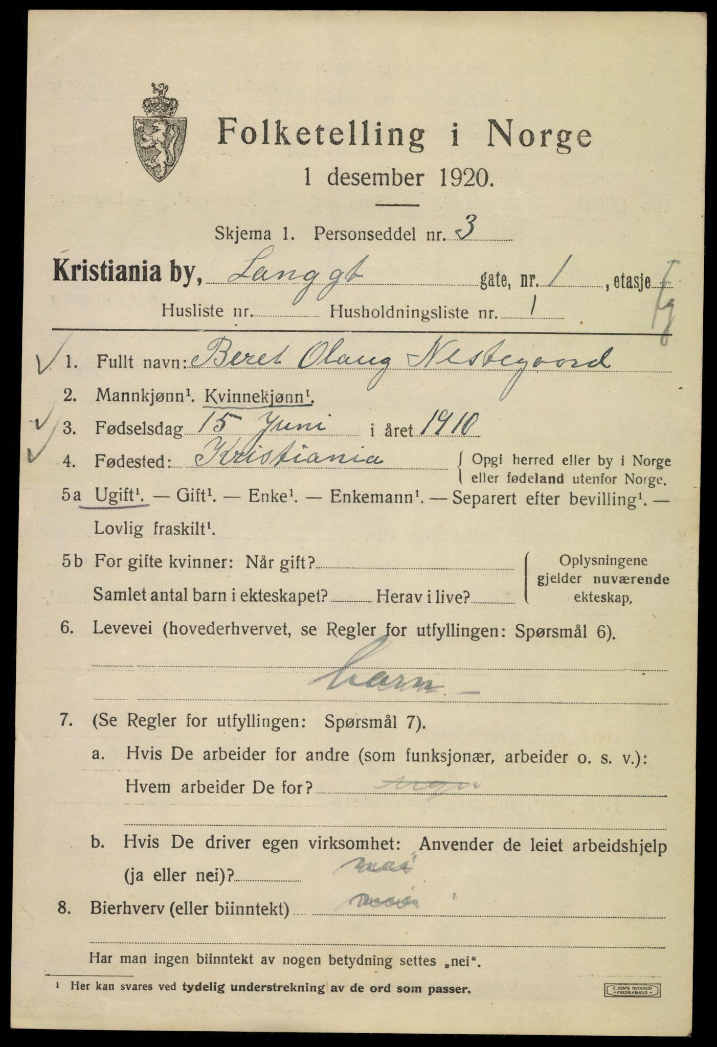 SAO, 1920 census for Kristiania, 1920, p. 358737