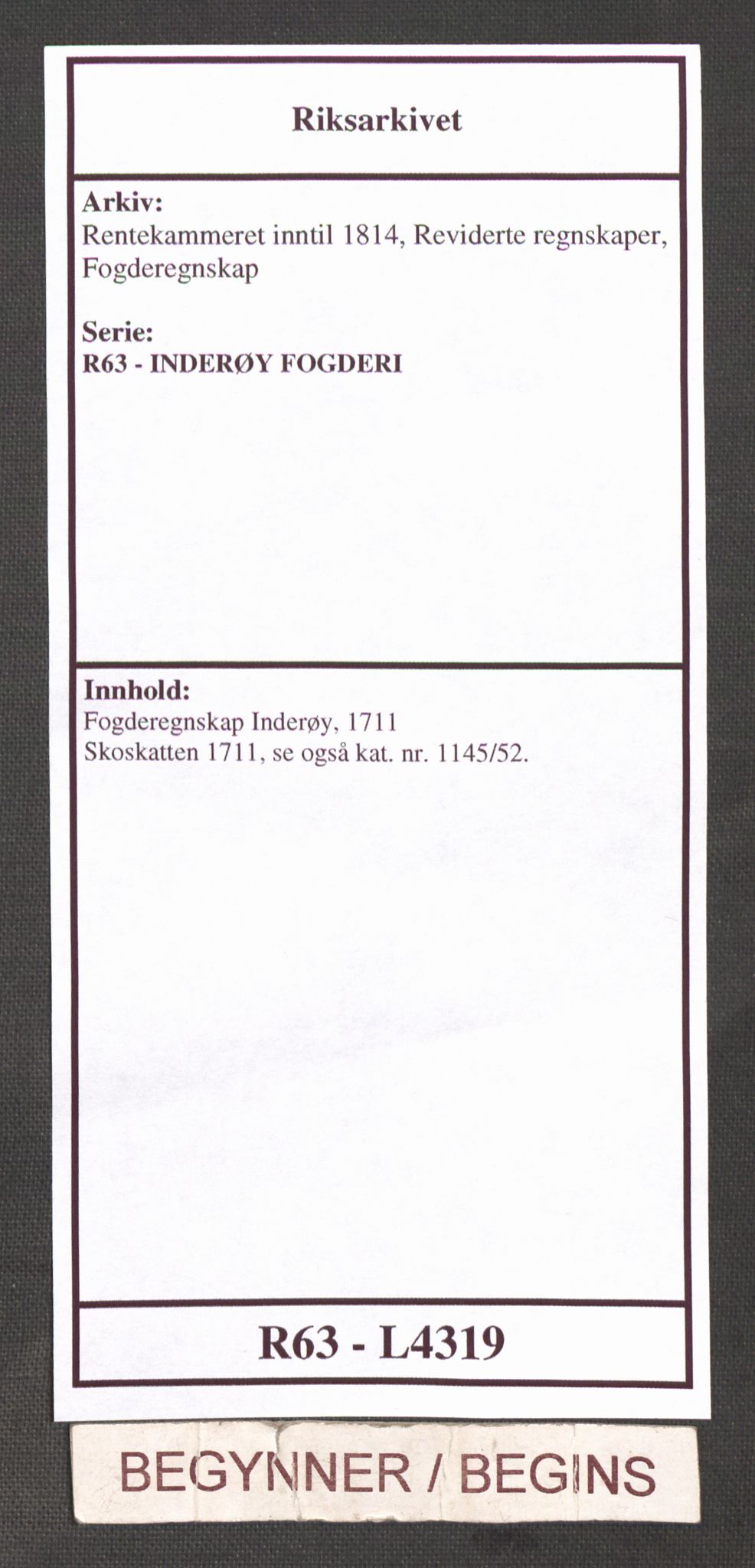 Rentekammeret inntil 1814, Reviderte regnskaper, Fogderegnskap, RA/EA-4092/R63/L4319: Fogderegnskap Inderøy, 1711, p. 1