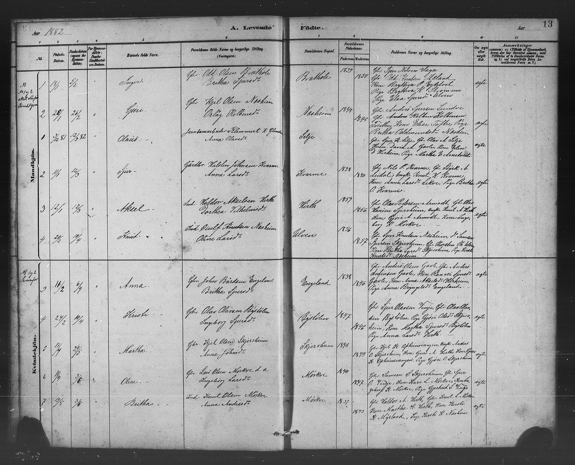 Vossestrand Sokneprestembete, AV/SAB-A-79101/H/Hab: Parish register (copy) no. B 3, 1880-1907, p. 13