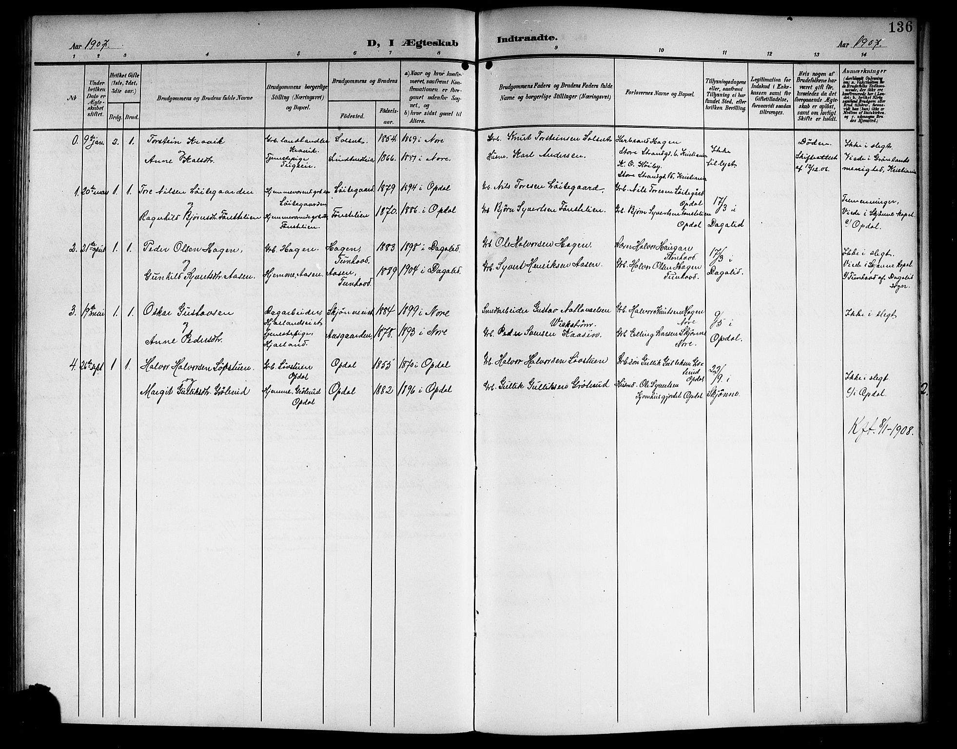 Nore kirkebøker, SAKO/A-238/G/Ga/L0004: Parish register (copy) no. I 4, 1904-1919, p. 136