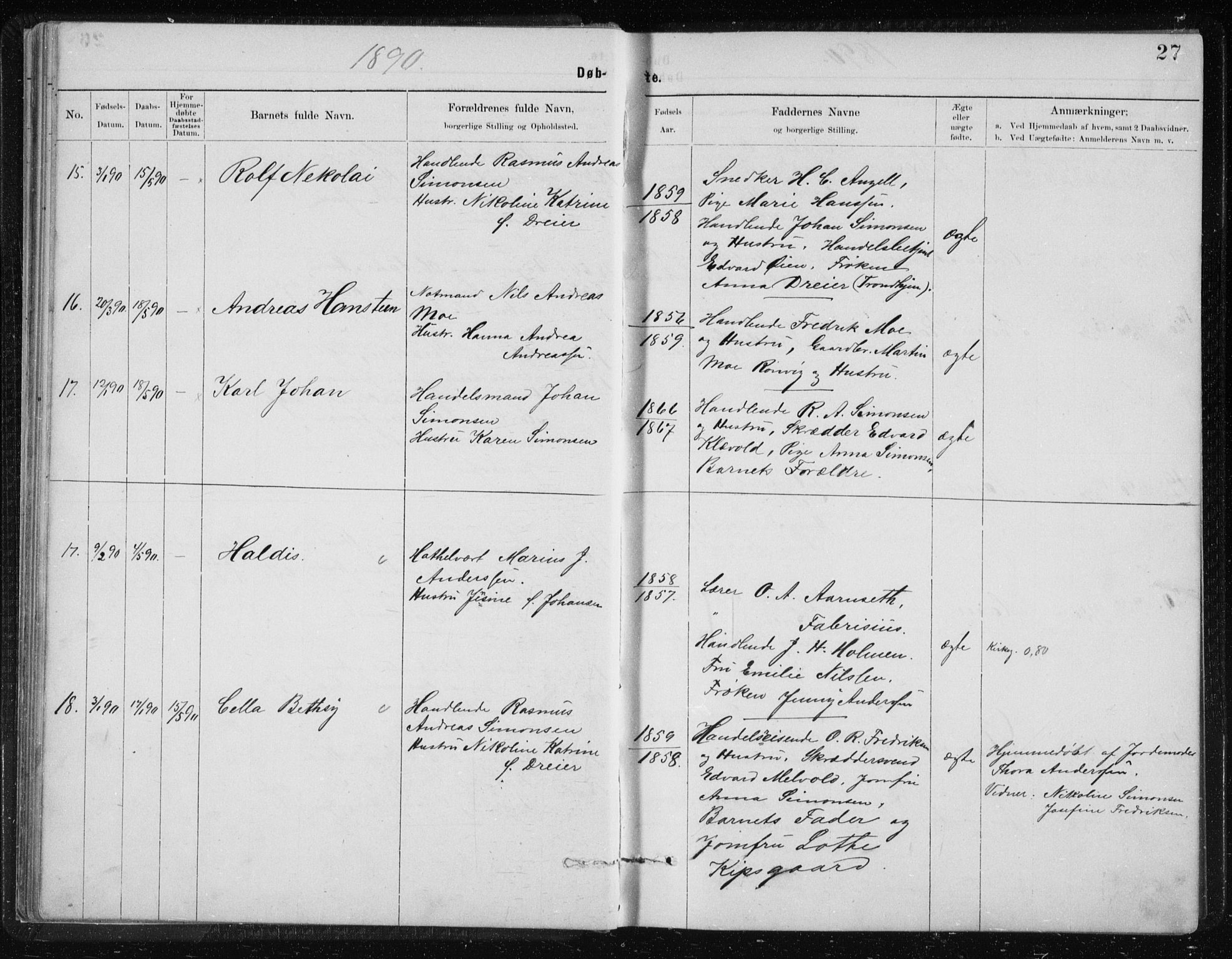 Ministerialprotokoller, klokkerbøker og fødselsregistre - Nordland, SAT/A-1459/801/L0032: Parish register (copy) no. 801C07, 1889-1897, p. 27