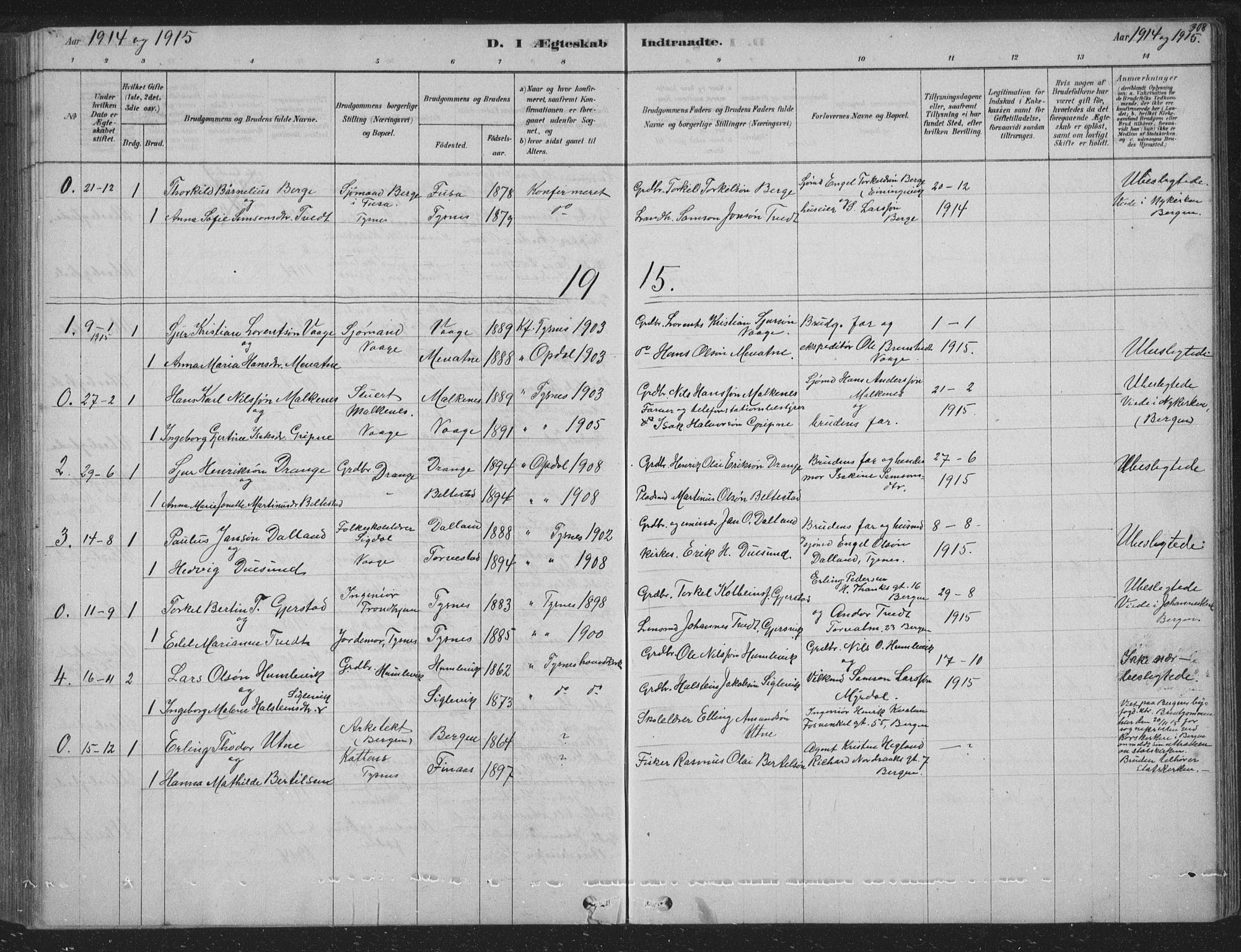 Tysnes sokneprestembete, SAB/A-78601/H/Hab: Parish register (copy) no. B 2, 1878-1918, p. 308