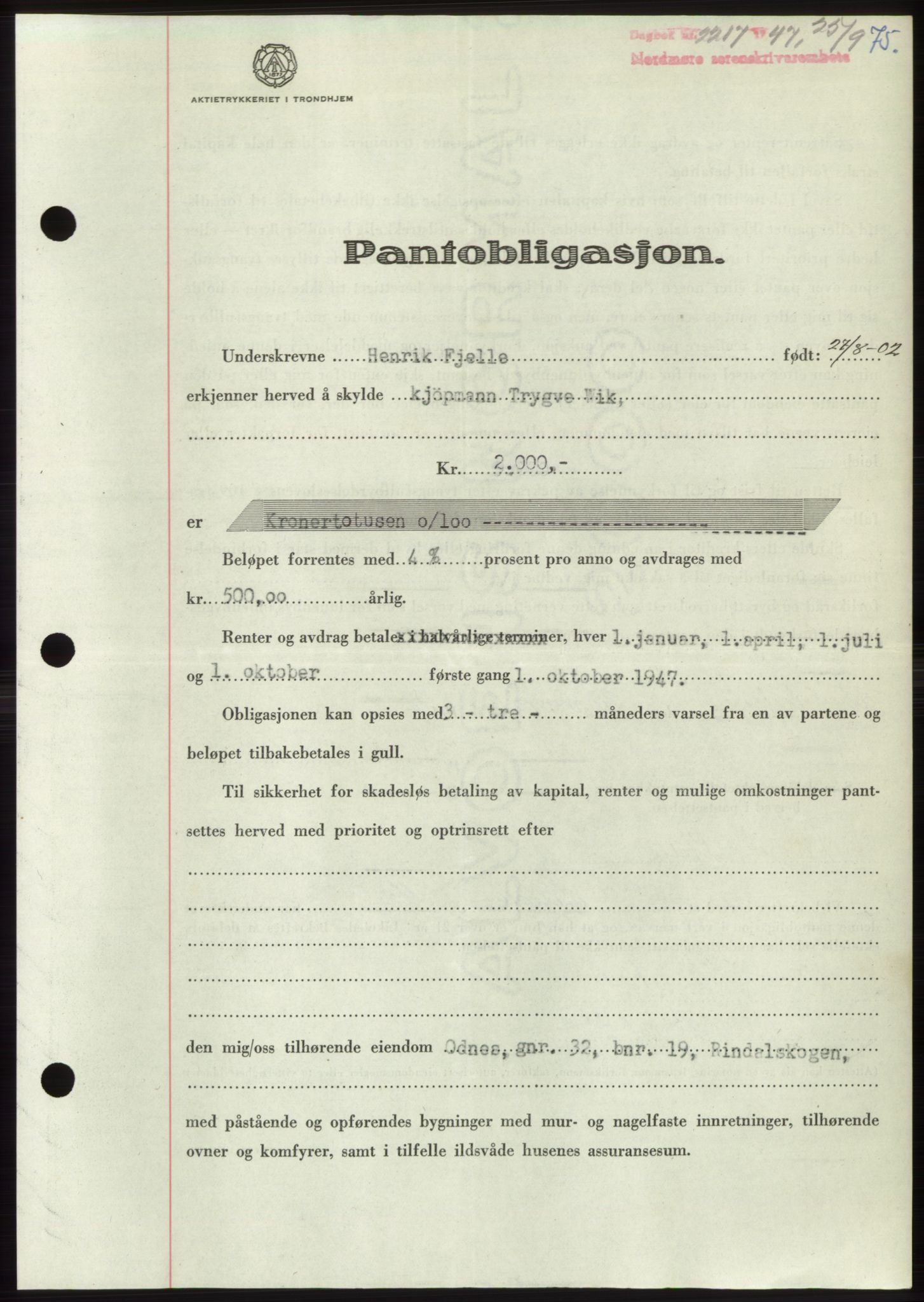 Nordmøre sorenskriveri, AV/SAT-A-4132/1/2/2Ca: Mortgage book no. B97, 1947-1948, Diary no: : 2217/1947