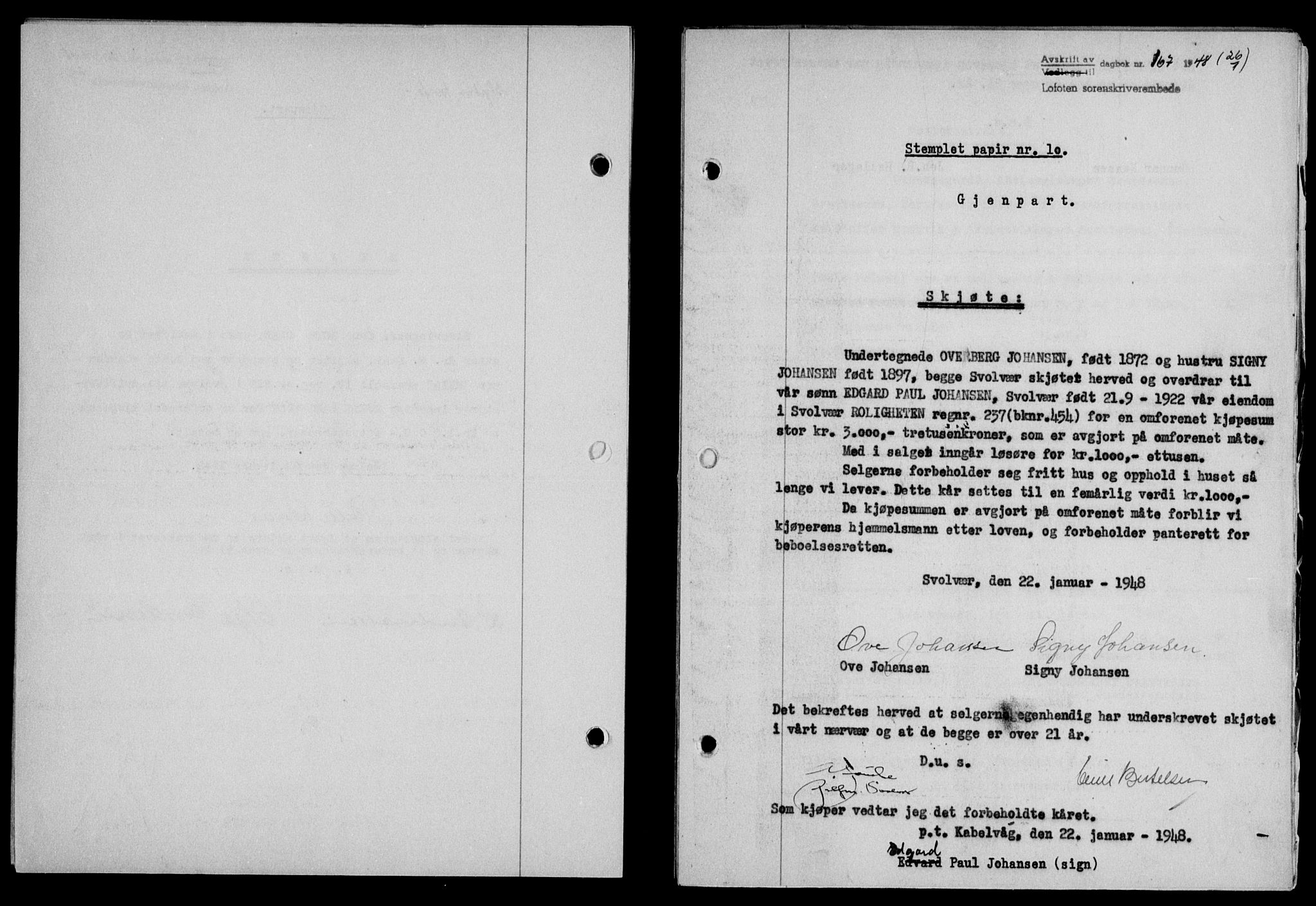 Lofoten sorenskriveri, SAT/A-0017/1/2/2C/L0017a: Mortgage book no. 17a, 1947-1948, Diary no: : 167/1948