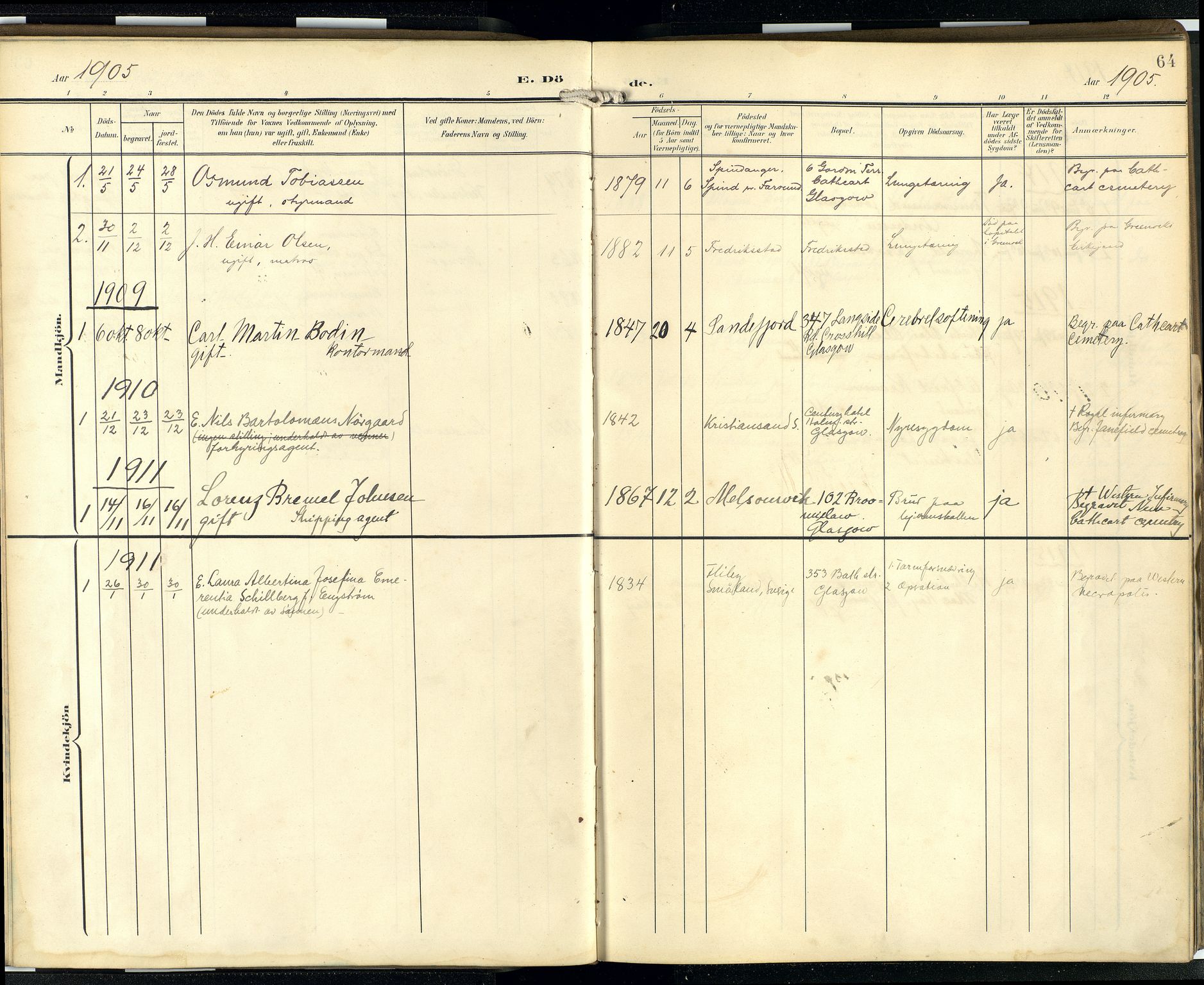 Den norske sjømannsmisjon i utlandet/Skotske havner (Leith, Glasgow), SAB/SAB/PA-0100/H/Ha/Hab/L0001: Parish register (official) no. A 1, 1902-1931, p. 63b-64a
