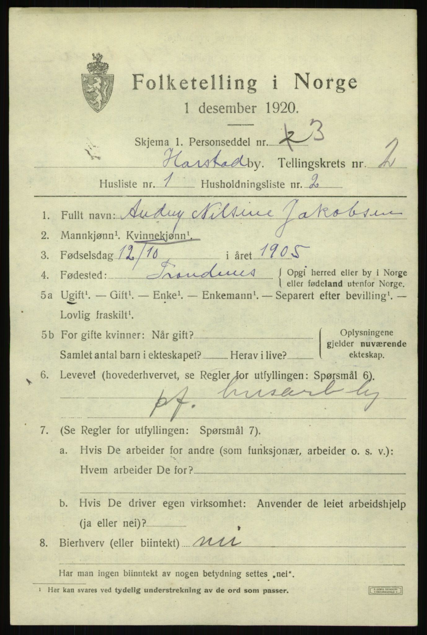 SATØ, 1920 census for Harstad, 1920, p. 2956