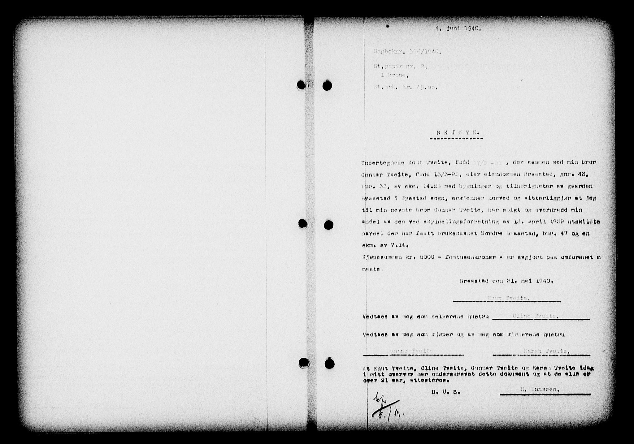 Nedenes sorenskriveri, SAK/1221-0006/G/Gb/Gba/L0047: Mortgage book no. A-I, 1939-1940, Diary no: : 376/1940