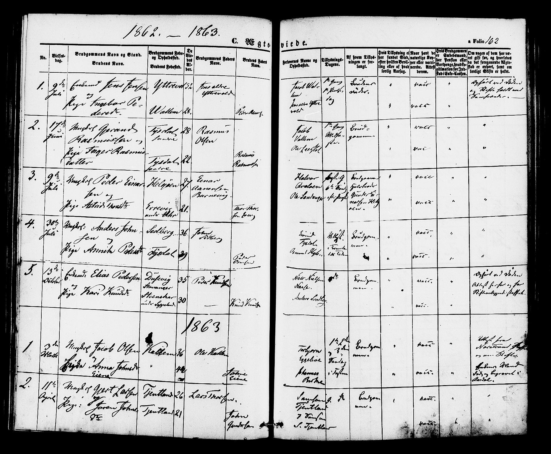 Hjelmeland sokneprestkontor, SAST/A-101843/01/IV/L0012: Parish register (official) no. A 12, 1862-1886, p. 162