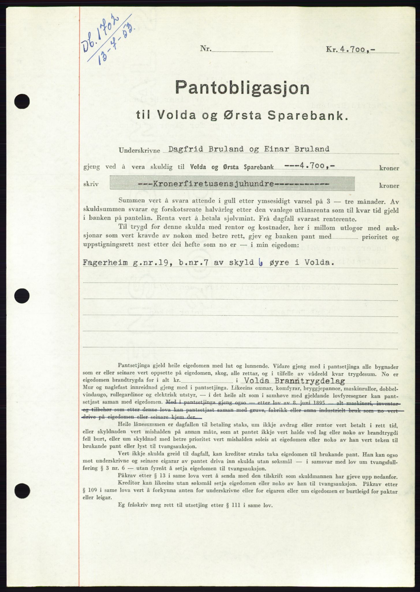 Søre Sunnmøre sorenskriveri, AV/SAT-A-4122/1/2/2C/L0123: Mortgage book no. 11B, 1953-1953, Diary no: : 1702/1953