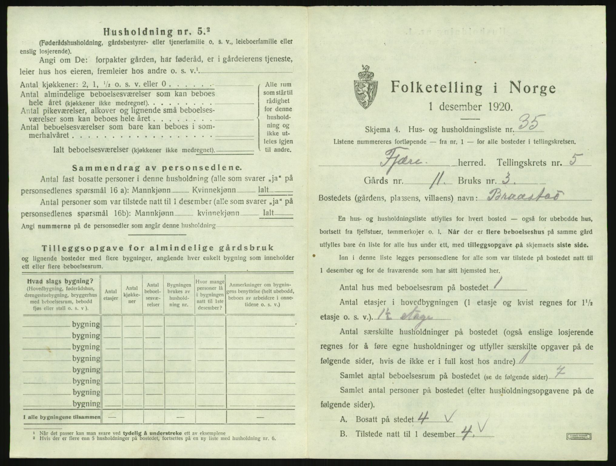 SAK, 1920 census for Fjære, 1920, p. 1081