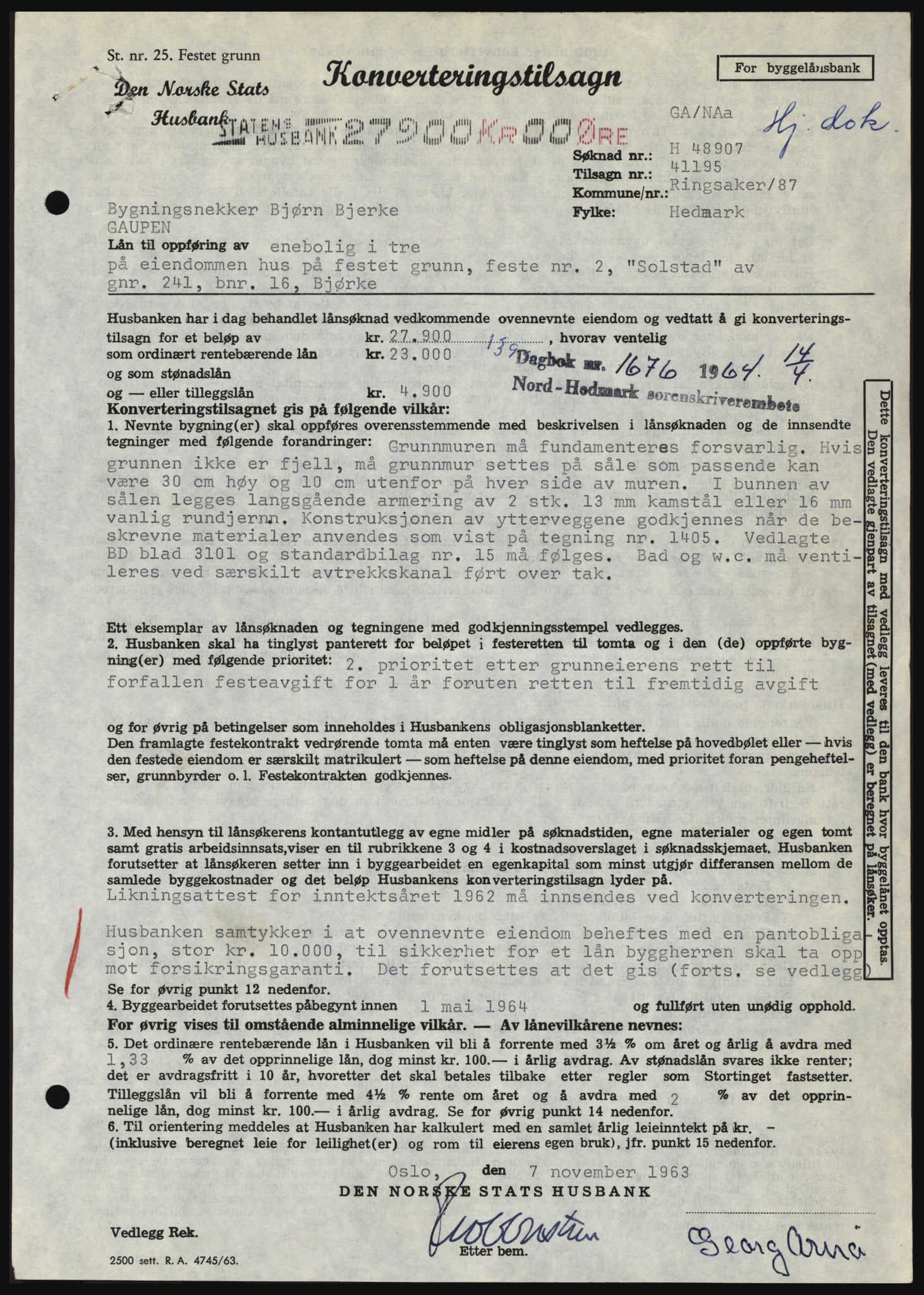 Nord-Hedmark sorenskriveri, SAH/TING-012/H/Hc/L0019: Mortgage book no. 19, 1963-1964, Diary no: : 1676/1964