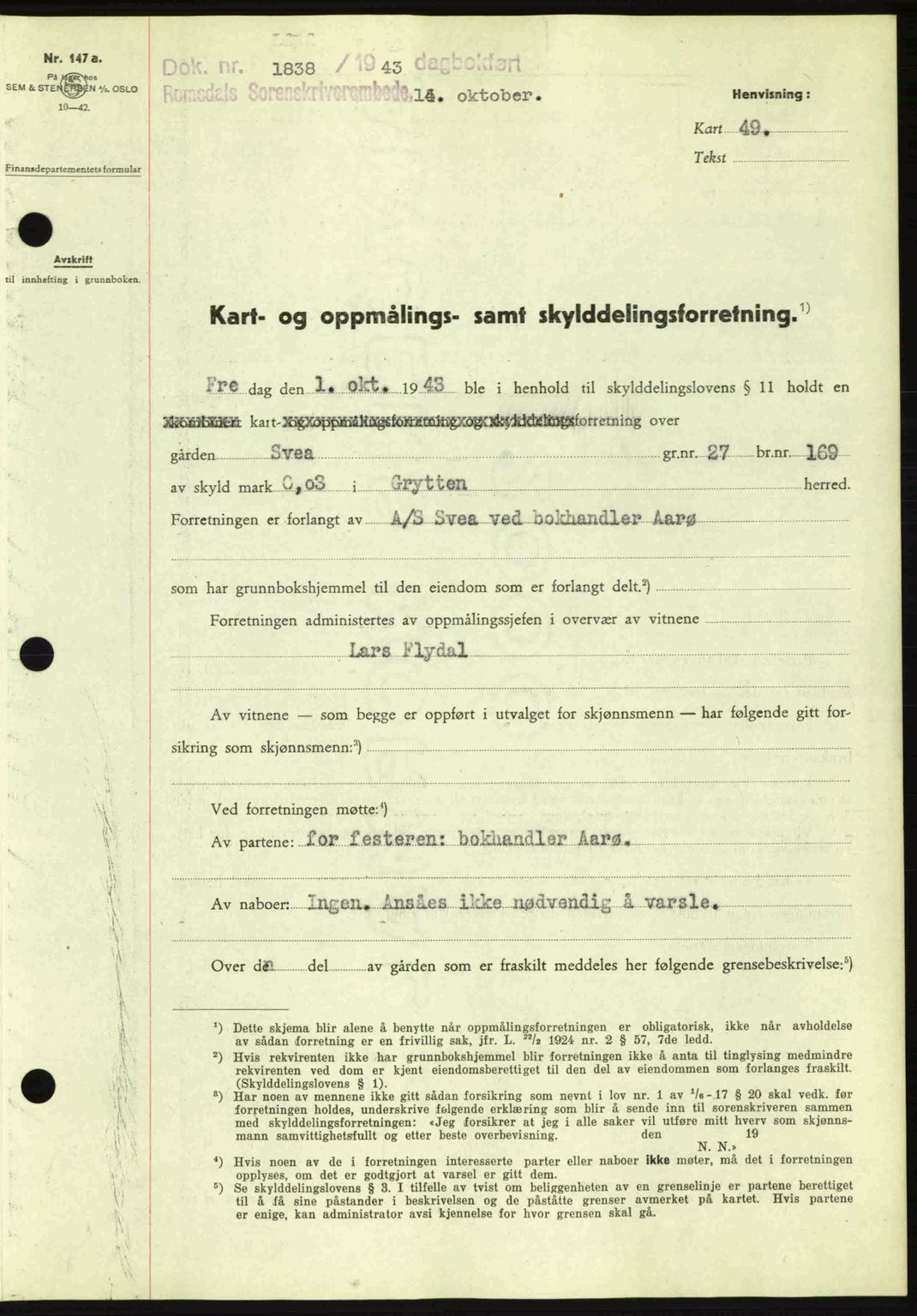 Romsdal sorenskriveri, AV/SAT-A-4149/1/2/2C: Mortgage book no. A15, 1943-1944, Diary no: : 1838/1943