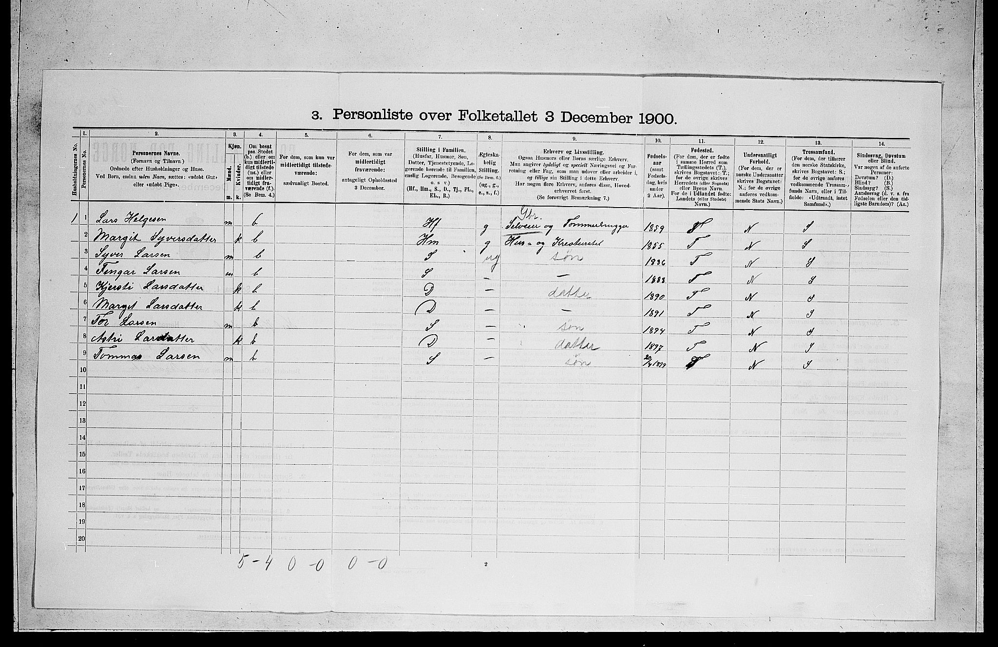 RA, 1900 census for Nes, 1900, p. 619