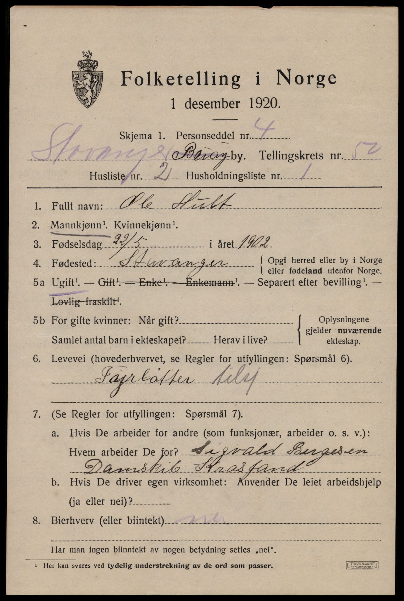 SAST, 1920 census for Stavanger, 1920, p. 119884