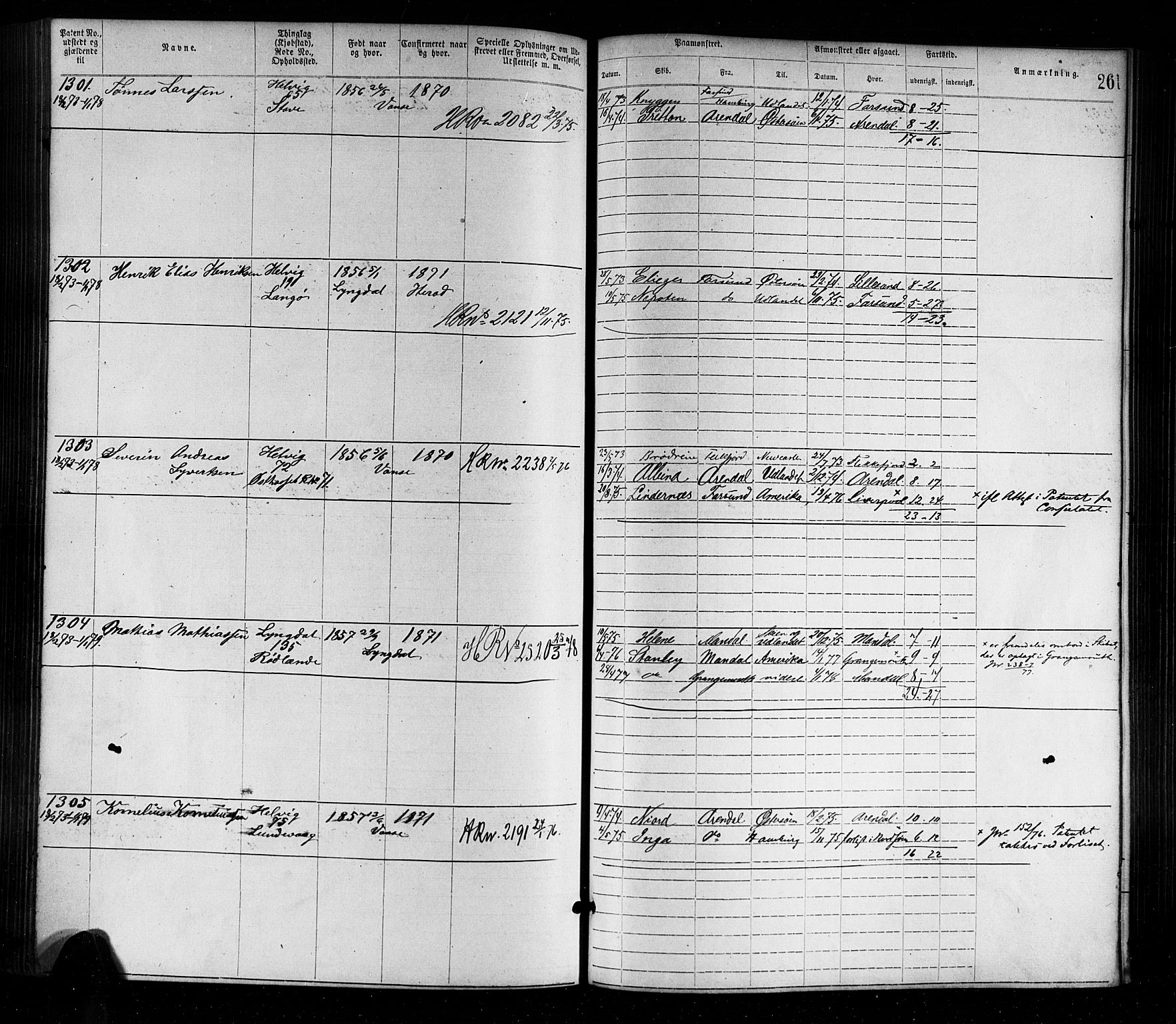 Farsund mønstringskrets, SAK/2031-0017/F/Fa/L0001: Annotasjonsrulle nr 1-1920 med register, M-1, 1869-1877, p. 291