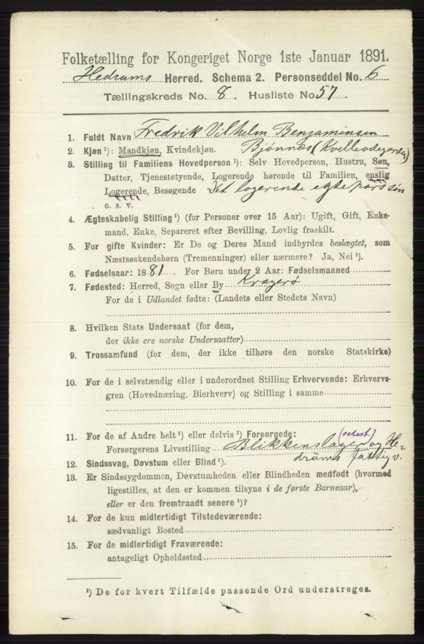 RA, 1891 census for 0727 Hedrum, 1891, p. 3841