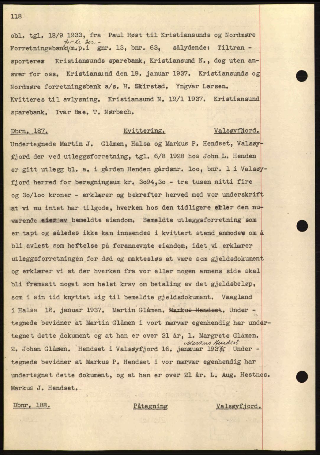 Nordmøre sorenskriveri, AV/SAT-A-4132/1/2/2Ca: Mortgage book no. C80, 1936-1939, Diary no: : 187/1937