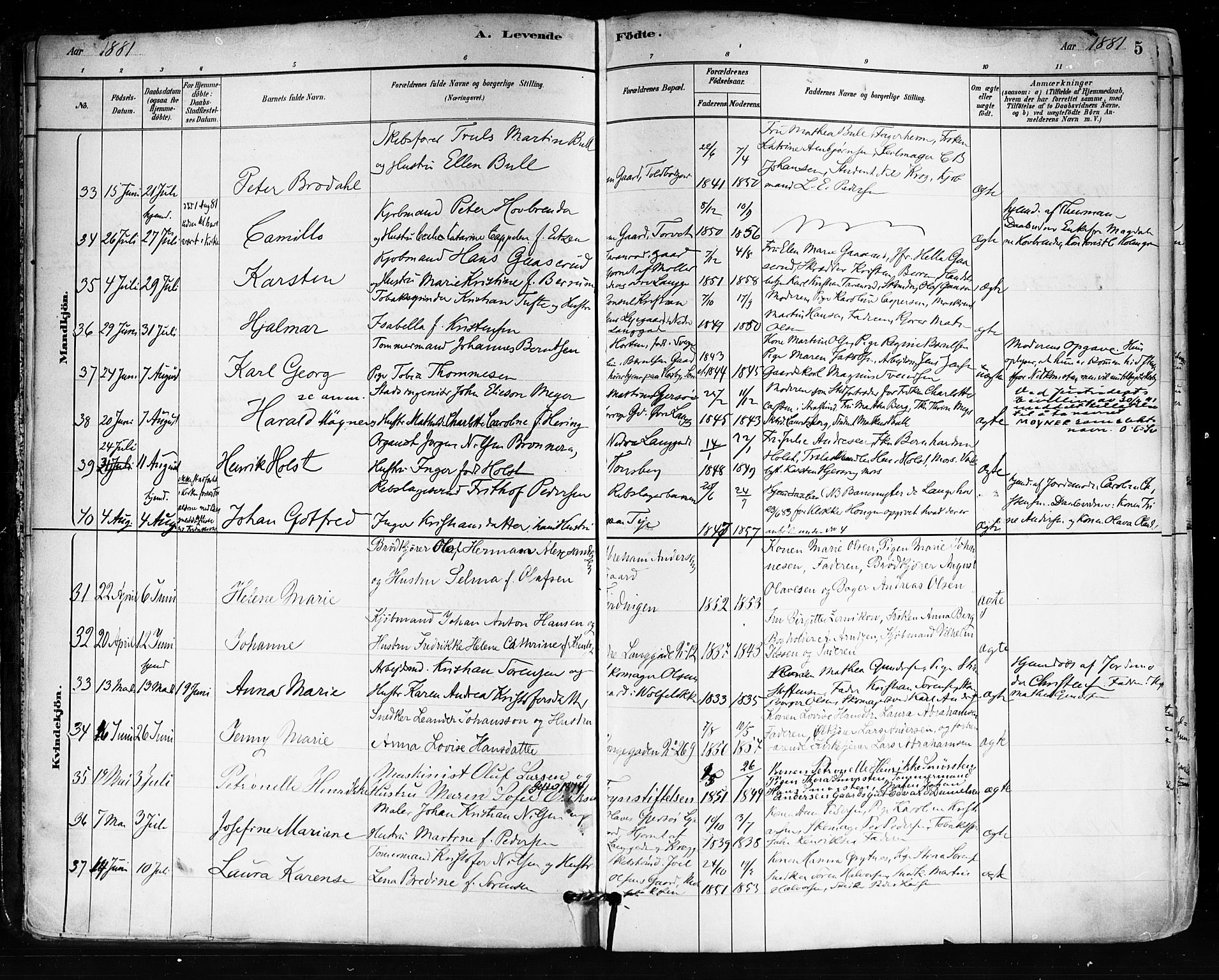 Tønsberg kirkebøker, AV/SAKO-A-330/F/Fa/L0011: Parish register (official) no. I 11, 1881-1890, p. 5