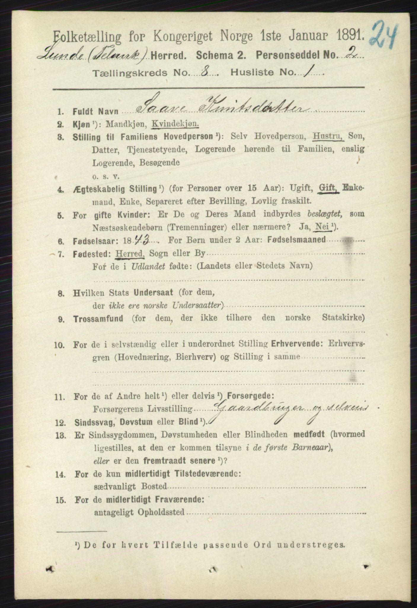 RA, 1891 census for 0820 Lunde, 1891, p. 2375