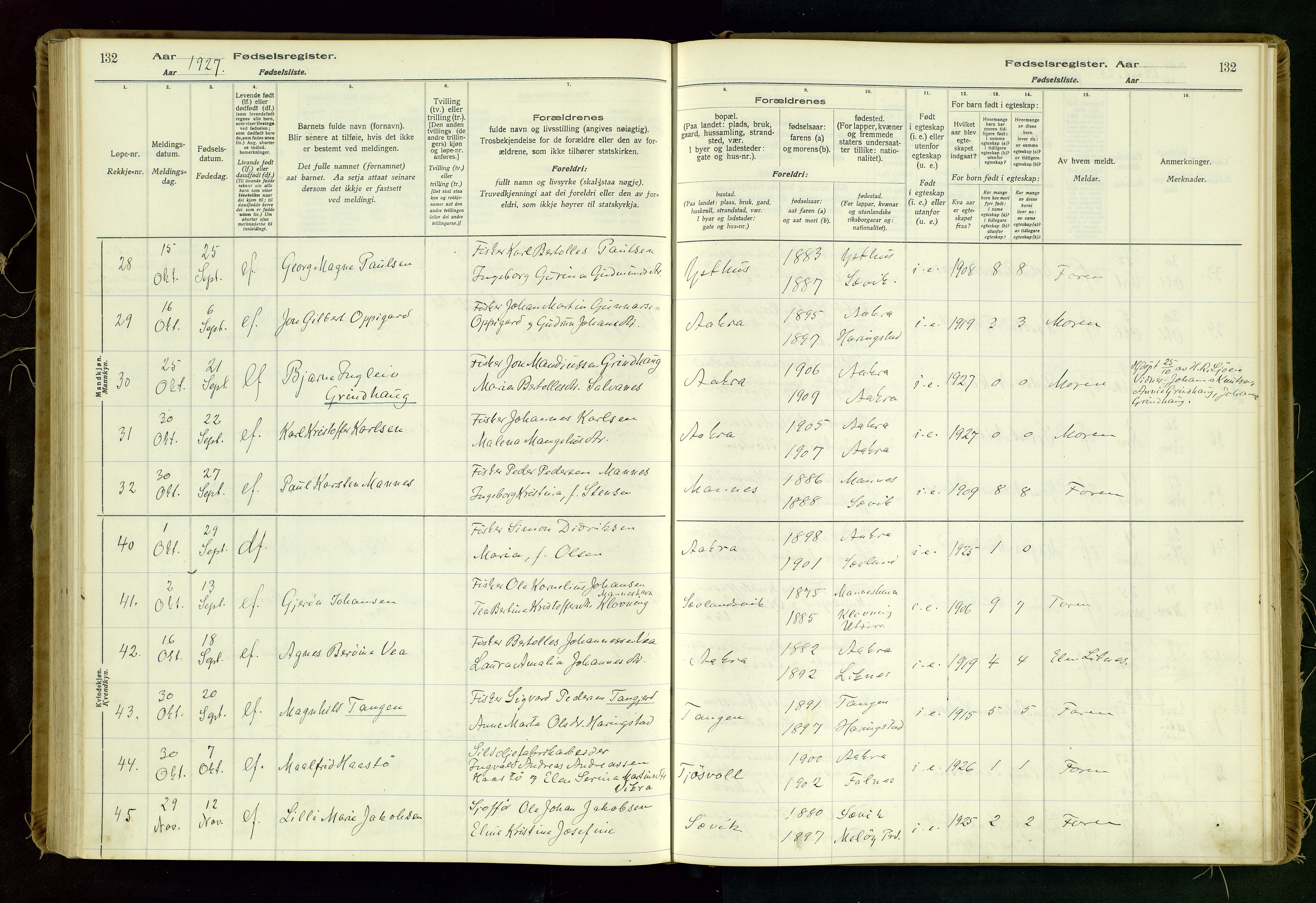 Kopervik sokneprestkontor, SAST/A-101850/I/Id/L0006: Birth register no. 6, 1916-1934, p. 132