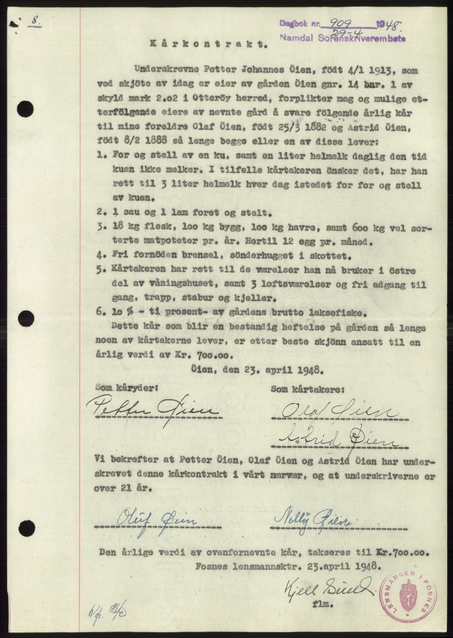 Namdal sorenskriveri, SAT/A-4133/1/2/2C: Mortgage book no. -, 1947-1948, Diary no: : 909/1948