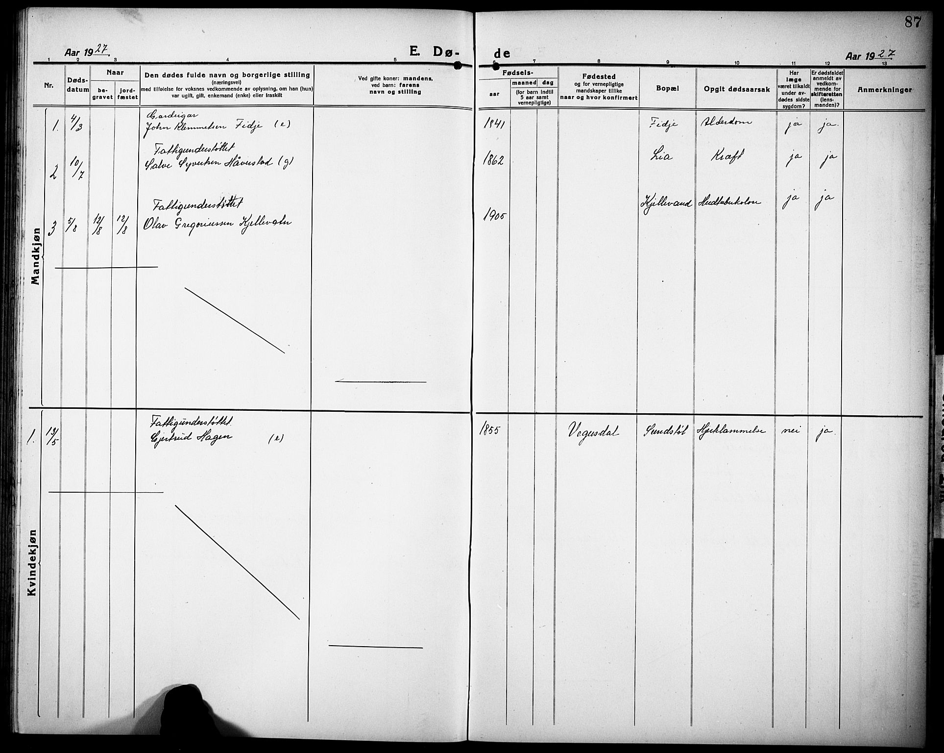 Herefoss sokneprestkontor, SAK/1111-0019/F/Fb/Fbb/L0004: Parish register (copy) no. B 4, 1917-1933, p. 87
