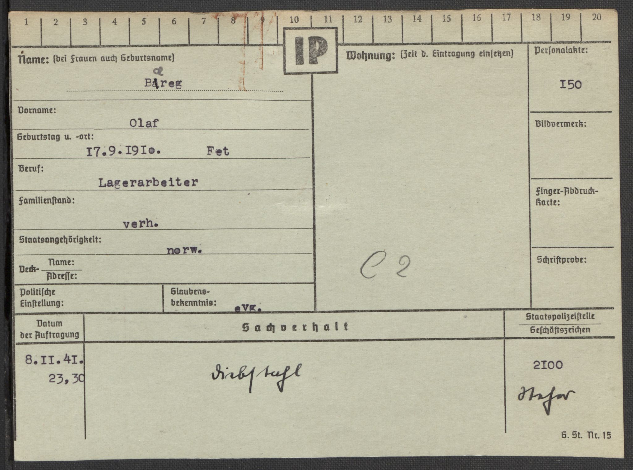 Befehlshaber der Sicherheitspolizei und des SD, AV/RA-RAFA-5969/E/Ea/Eaa/L0002: Register over norske fanger i Møllergata 19: Bj-Eng, 1940-1945, p. 571