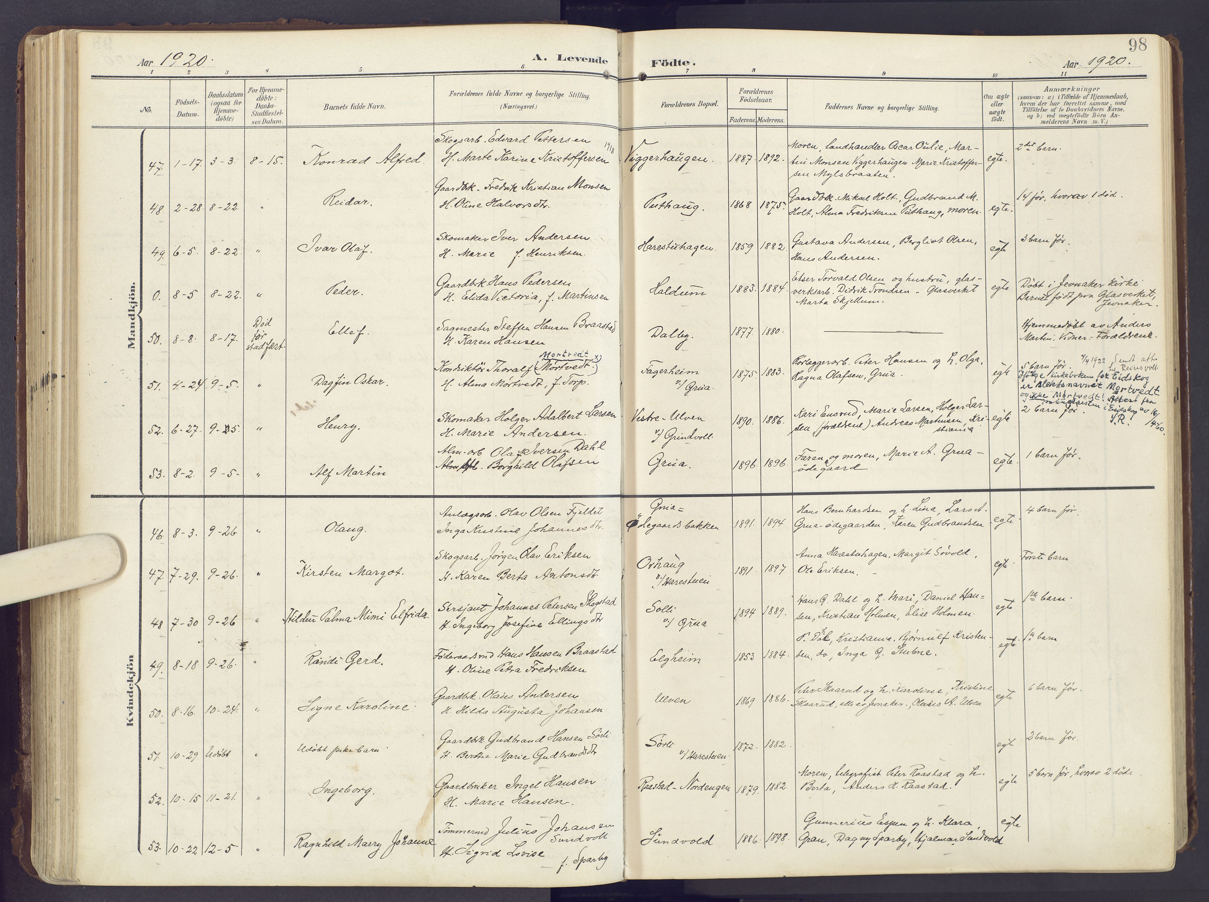 Lunner prestekontor, AV/SAH-PREST-118/H/Ha/Haa/L0001: Parish register (official) no. 1, 1907-1922, p. 98