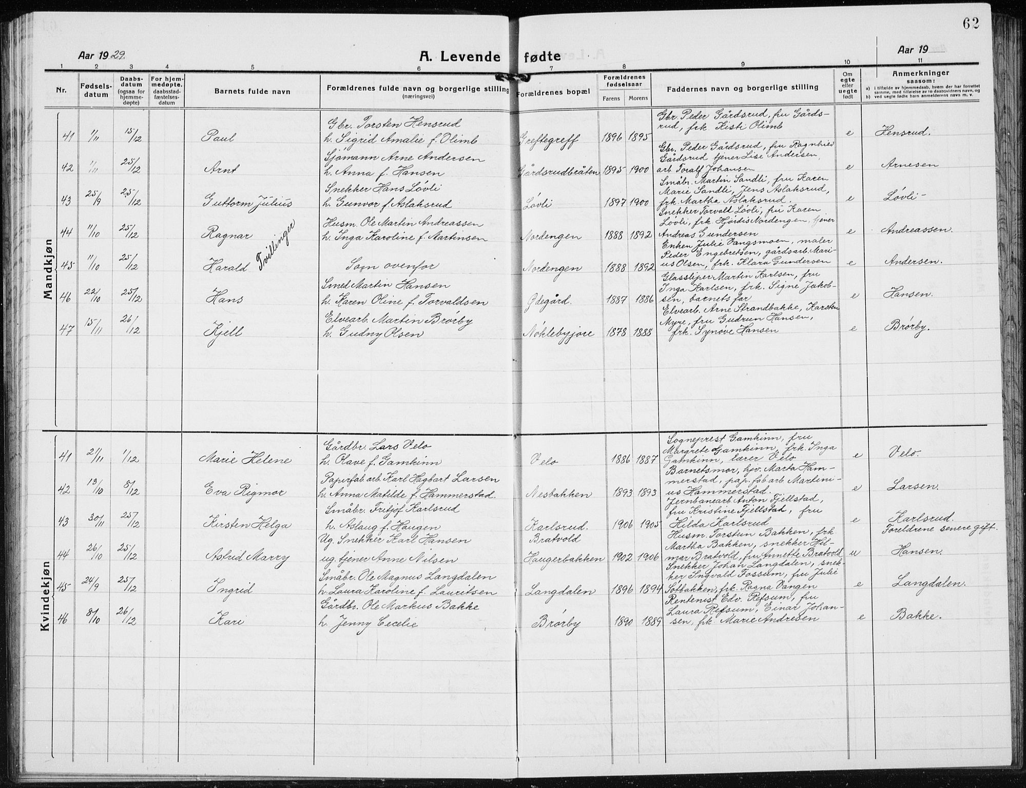 Jevnaker prestekontor, SAH/PREST-116/H/Ha/Hab/L0005: Parish register (copy) no. 5, 1919-1934, p. 62