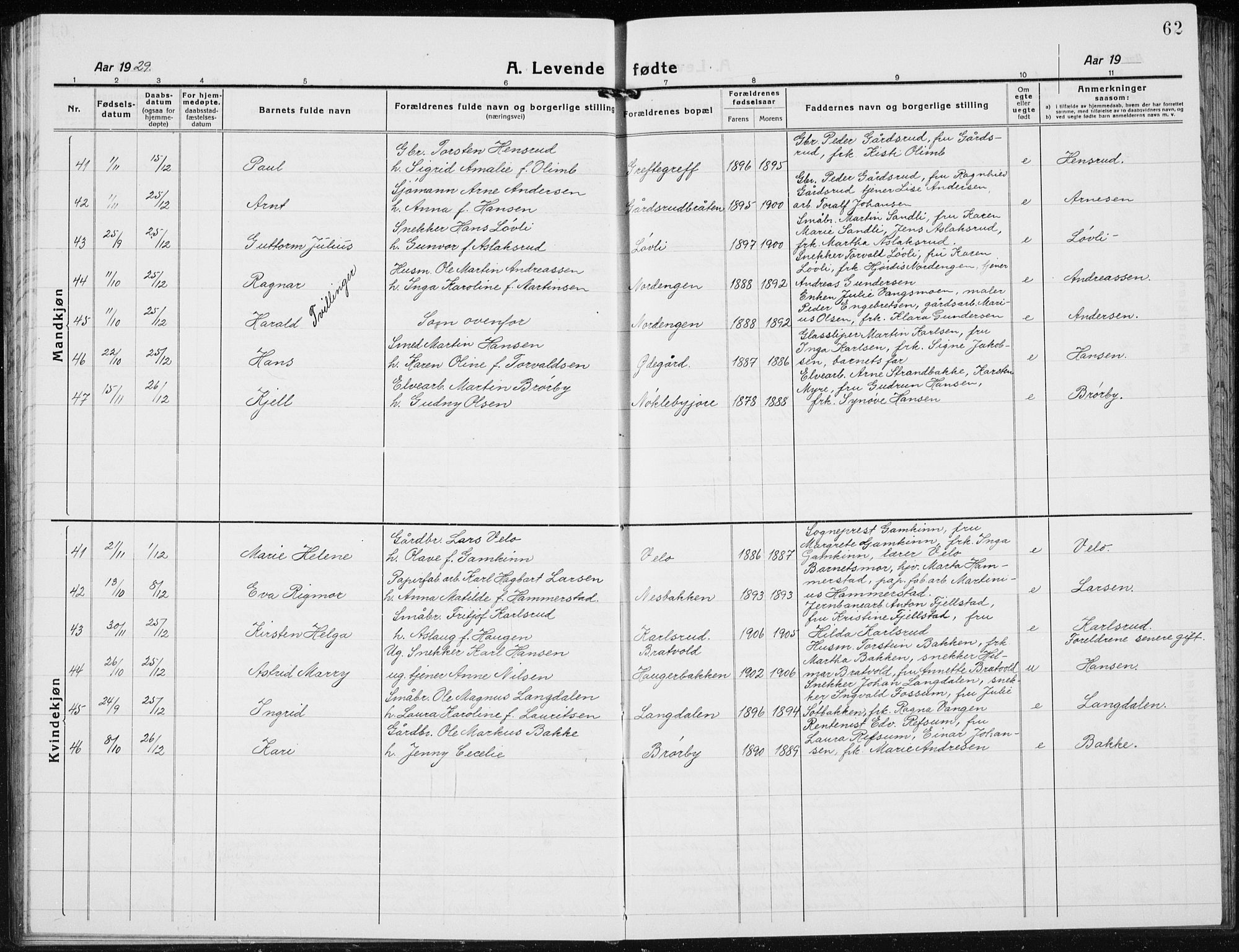 Jevnaker prestekontor, AV/SAH-PREST-116/H/Ha/Hab/L0005: Parish register (copy) no. 5, 1919-1934, p. 62